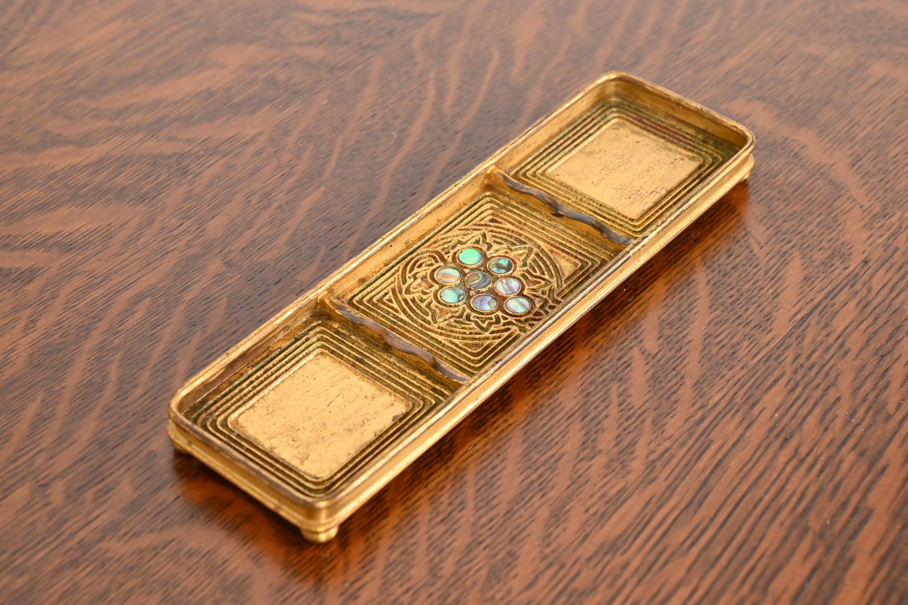 Tiffany Studios New York Bronze Doré and Abalone Pen Tray In Good Condition For Sale In South Bend, IN