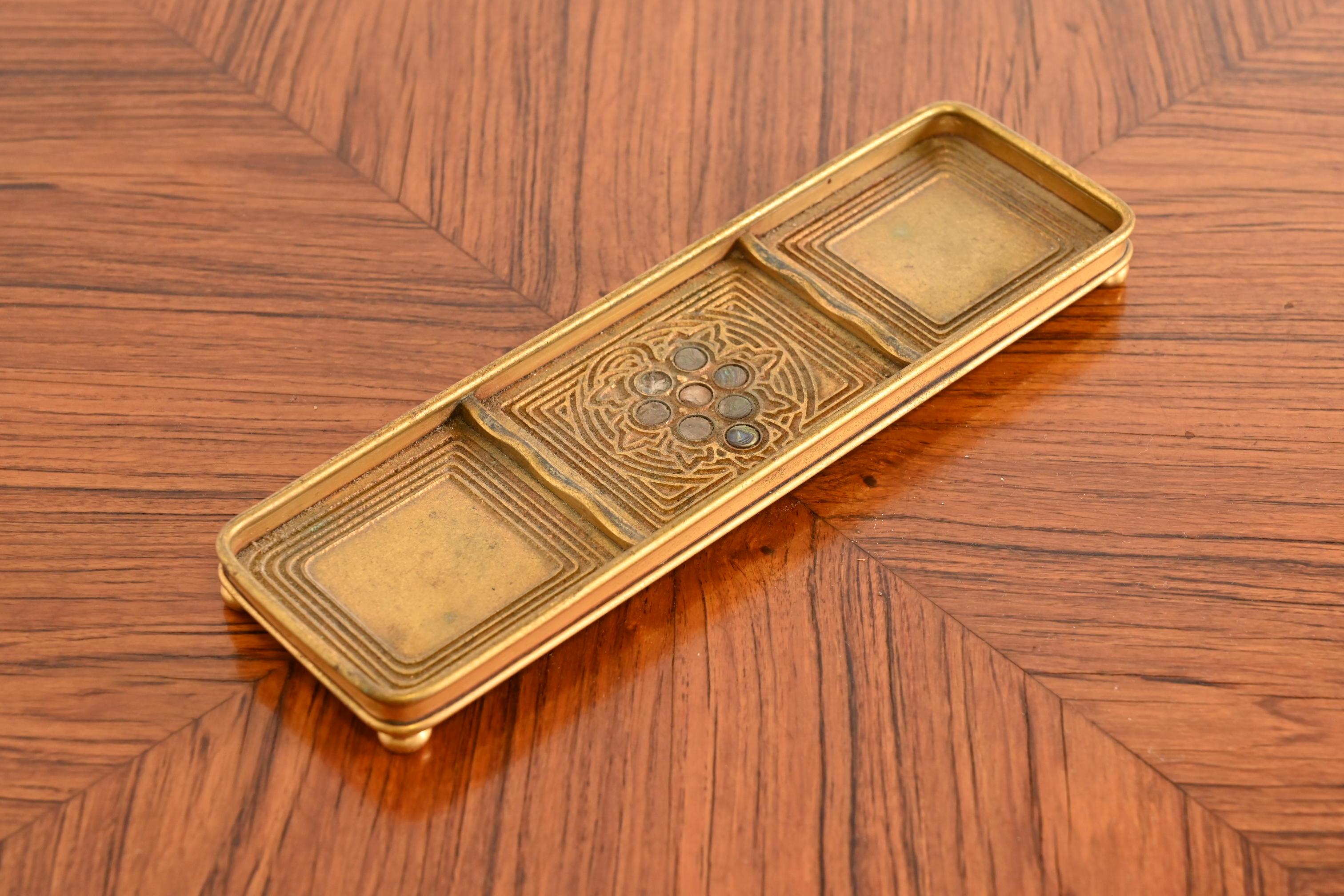 20th Century Tiffany Studios New York Bronze Doré and Abalone Pen Tray For Sale