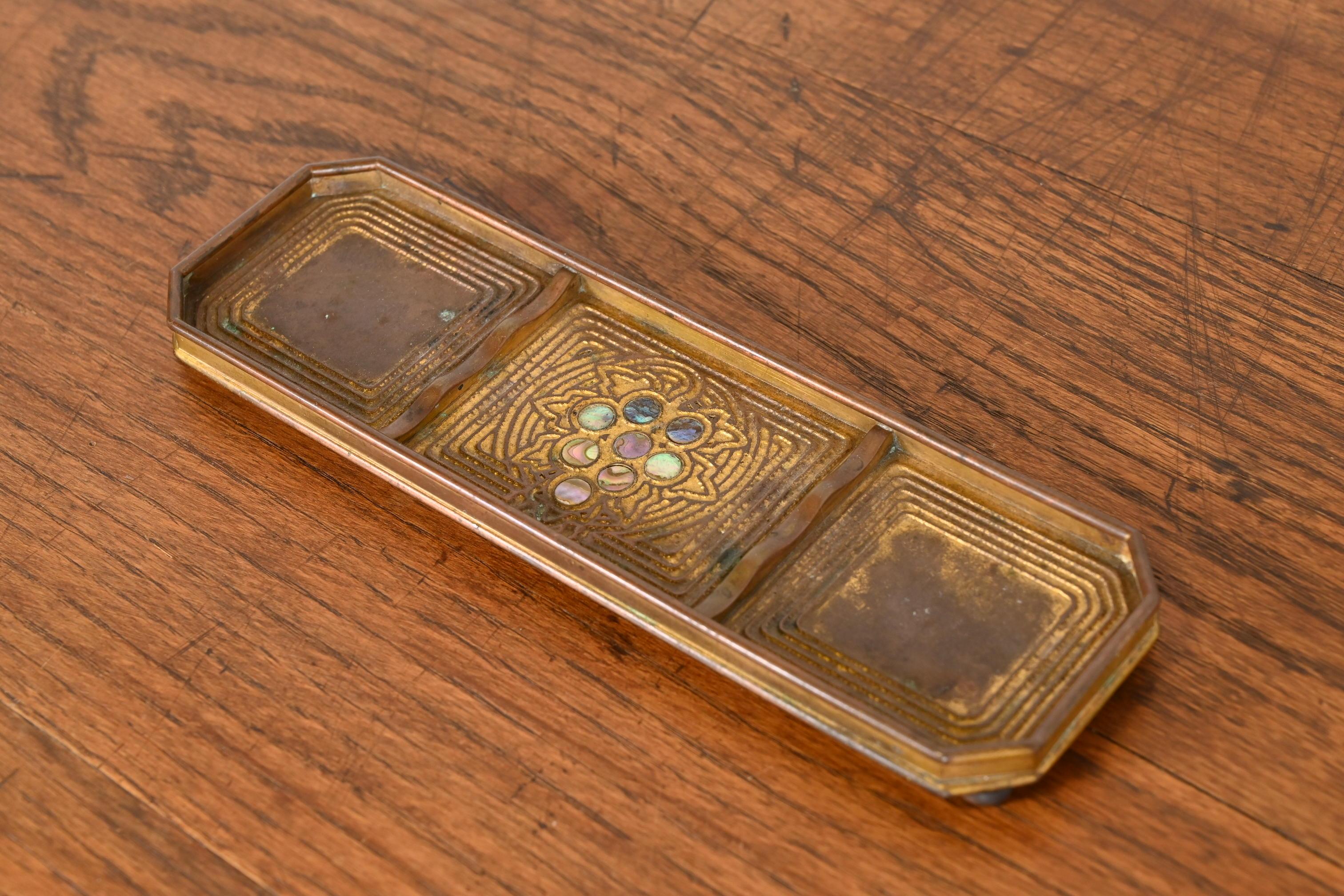 20th Century Tiffany Studios New York Bronze Doré and Abalone Pen Tray For Sale
