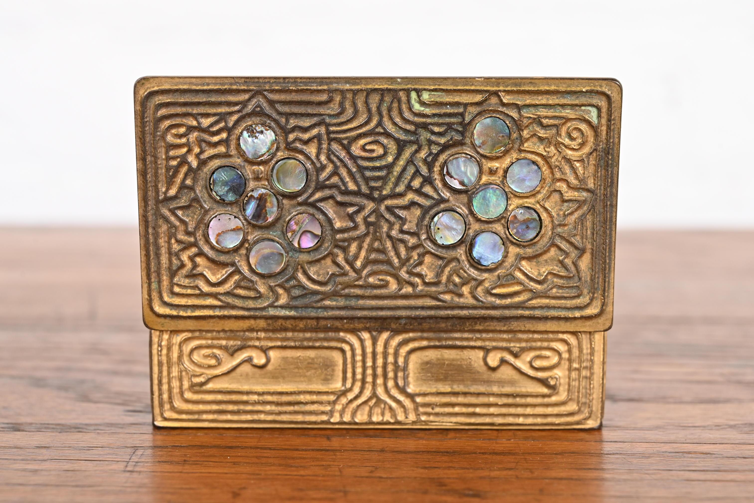 Tiffany Studios New York Bronze Doré and Abalone Stamp Box 6