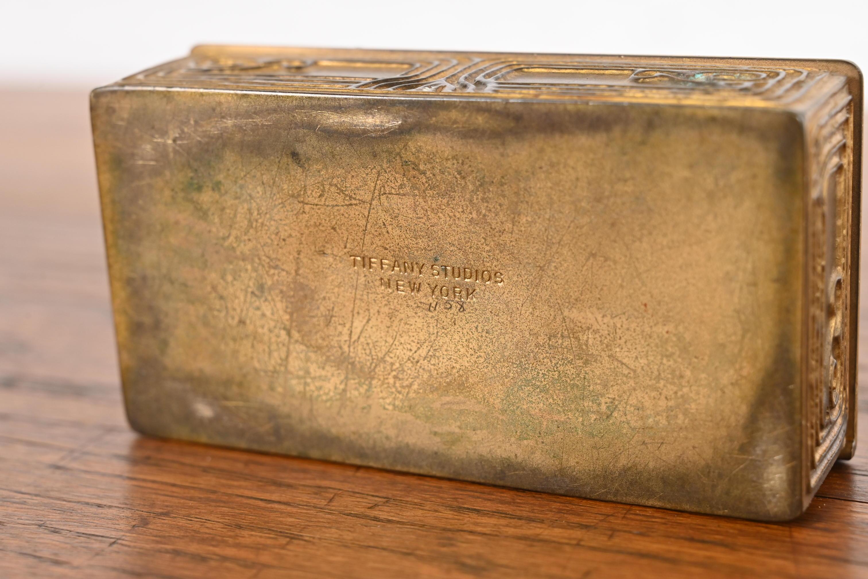 Tiffany Studios New York Bronze Doré and Abalone Stamp Box 9