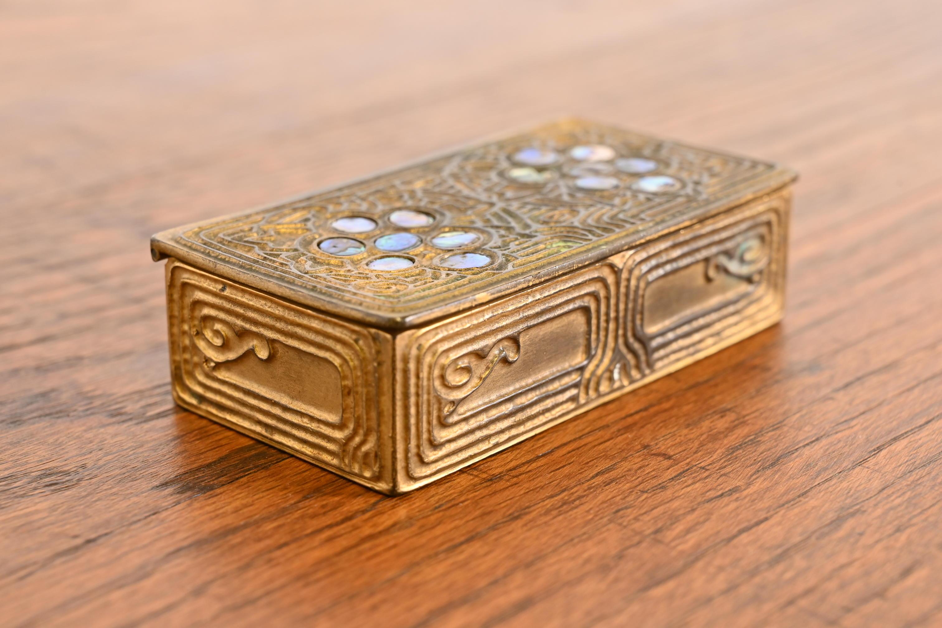 Art Nouveau Tiffany Studios New York Bronze Doré and Abalone Stamp Box