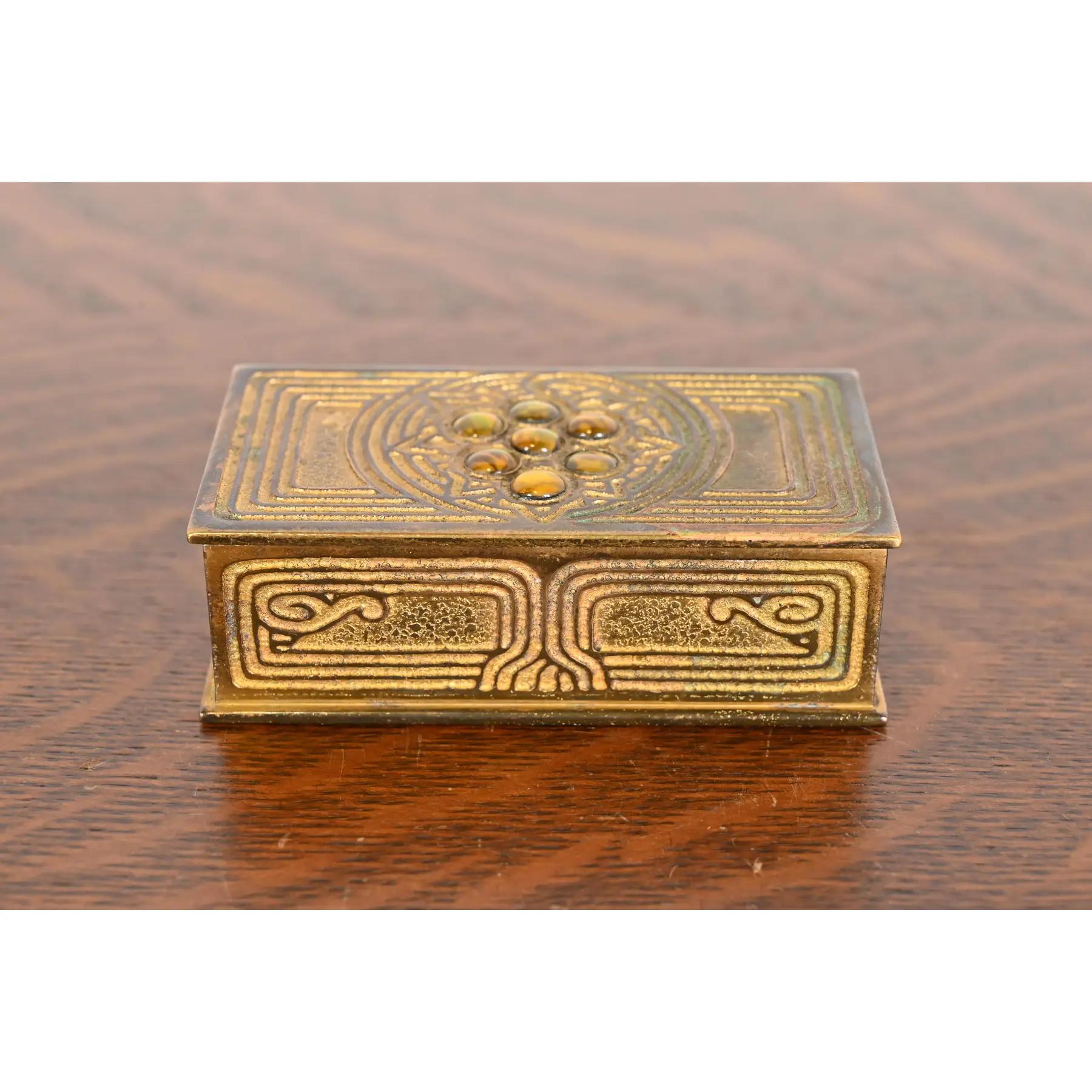 American Tiffany Studios New York Bronze Doré and Abalone Stamp Box For Sale