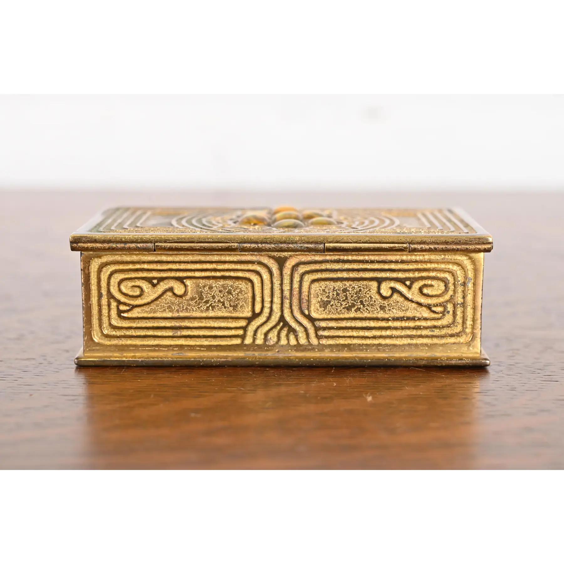 20th Century Tiffany Studios New York Bronze Doré and Abalone Stamp Box For Sale
