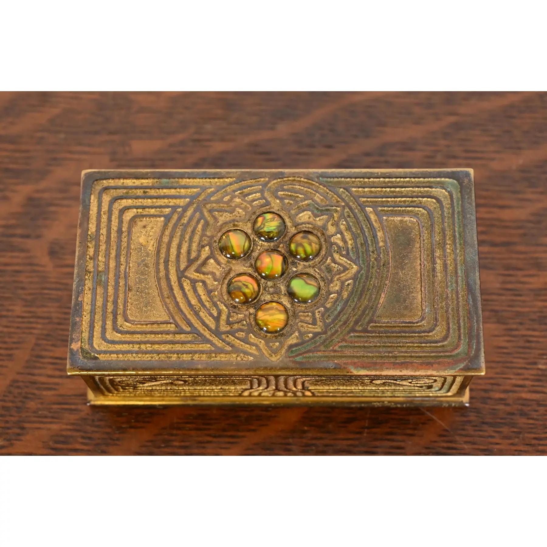 Tiffany Studios New York Bronze Doré and Abalone Stamp Box For Sale 1