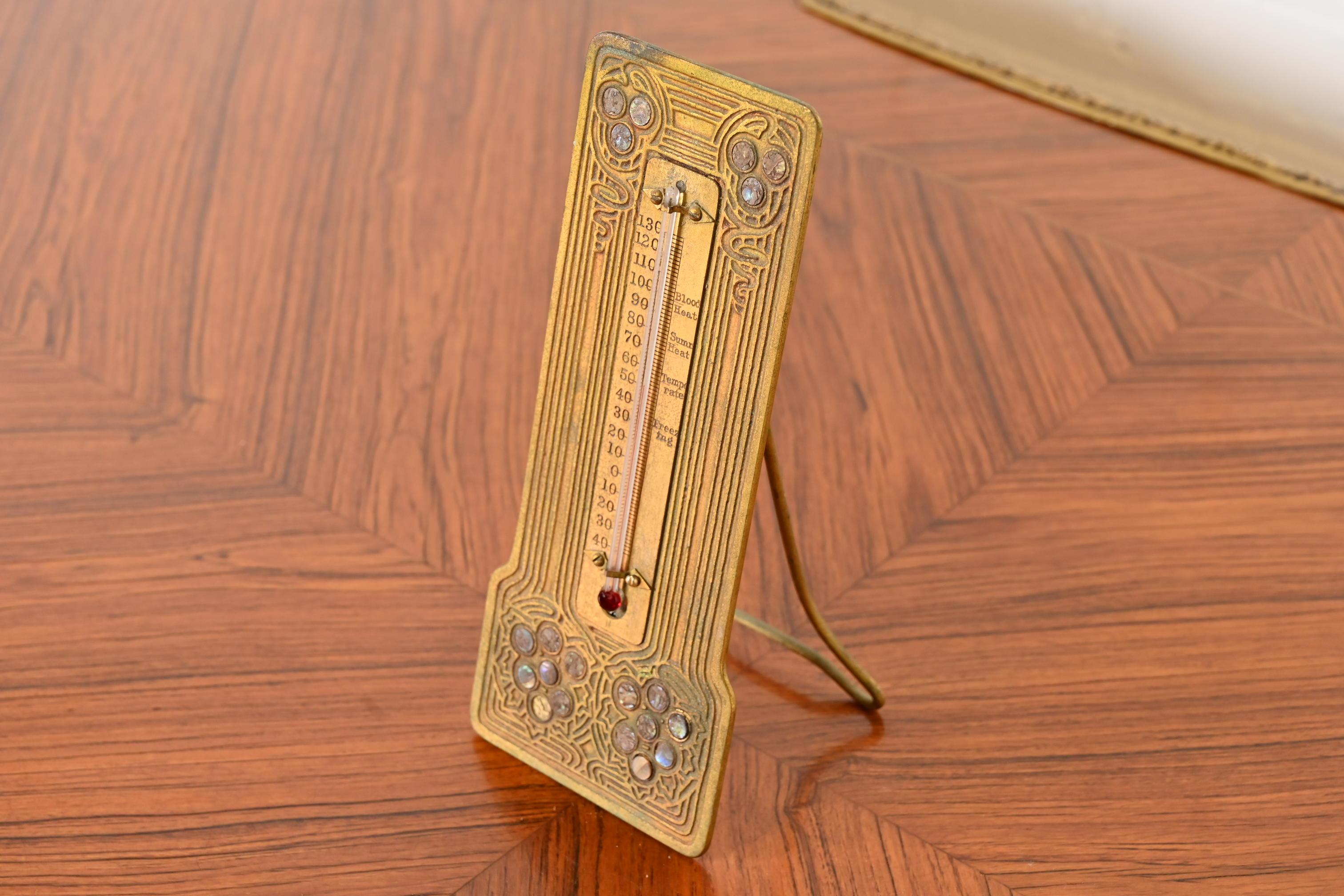 Tiffany Studios New York Bronze Doré and Abalone Thermometer In Good Condition In South Bend, IN