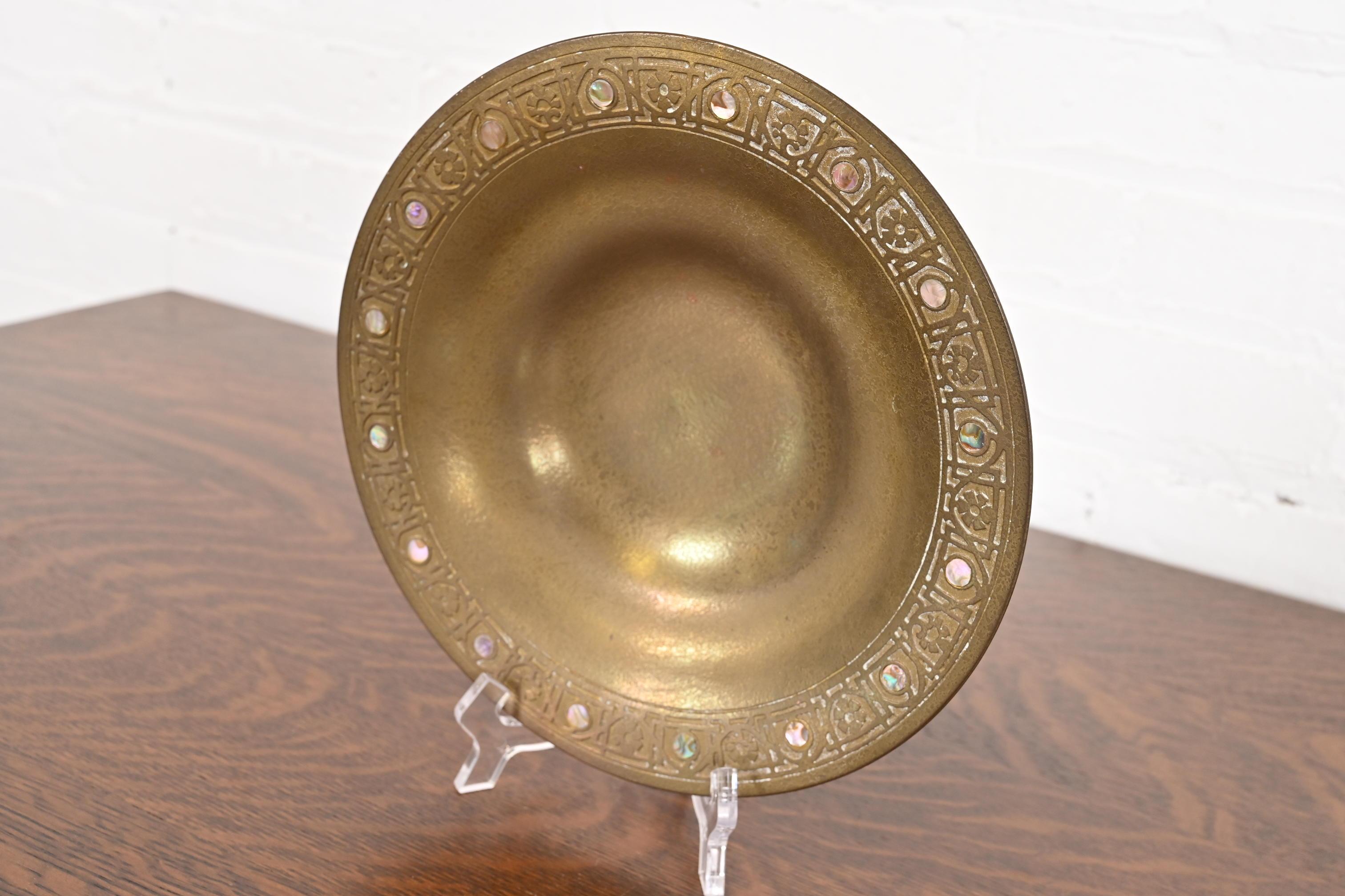 American Tiffany Studios New York Bronze Doré Bowl With Abalone Inlay