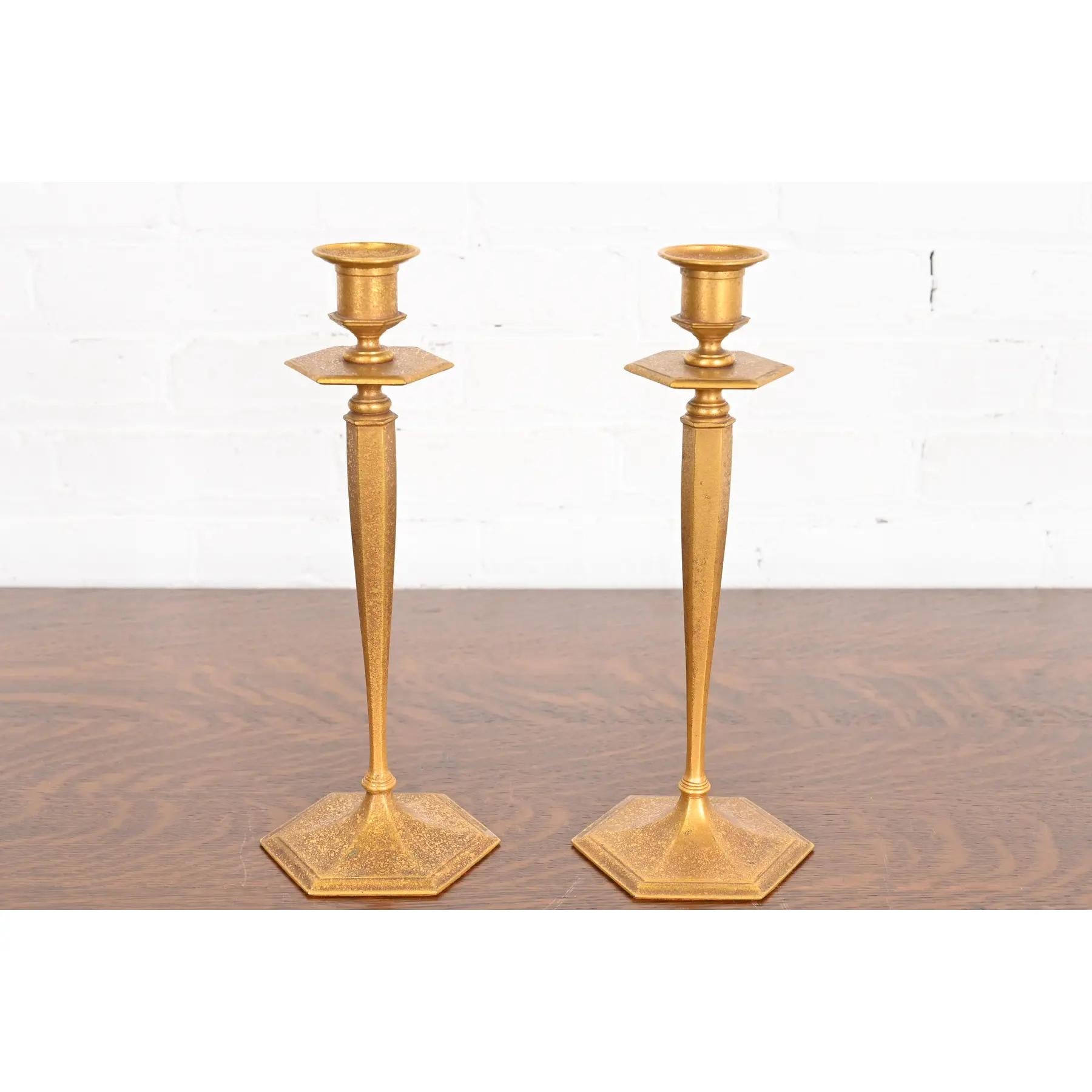 Art Deco Tiffany Studios New York Bronze Doré Candlesticks, Pair For Sale
