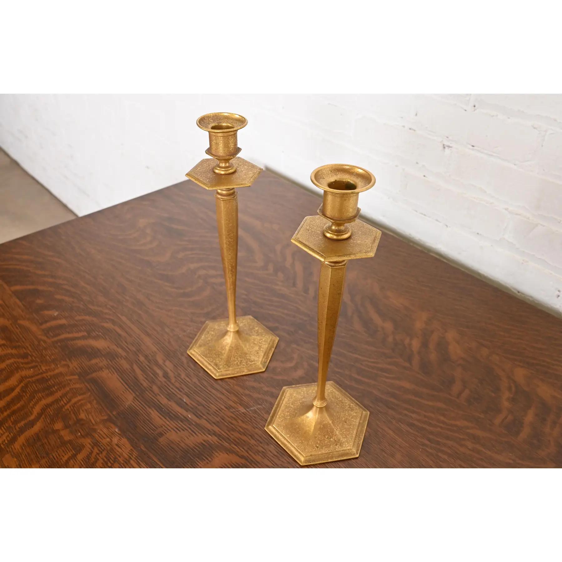 American Tiffany Studios New York Bronze Doré Candlesticks, Pair For Sale