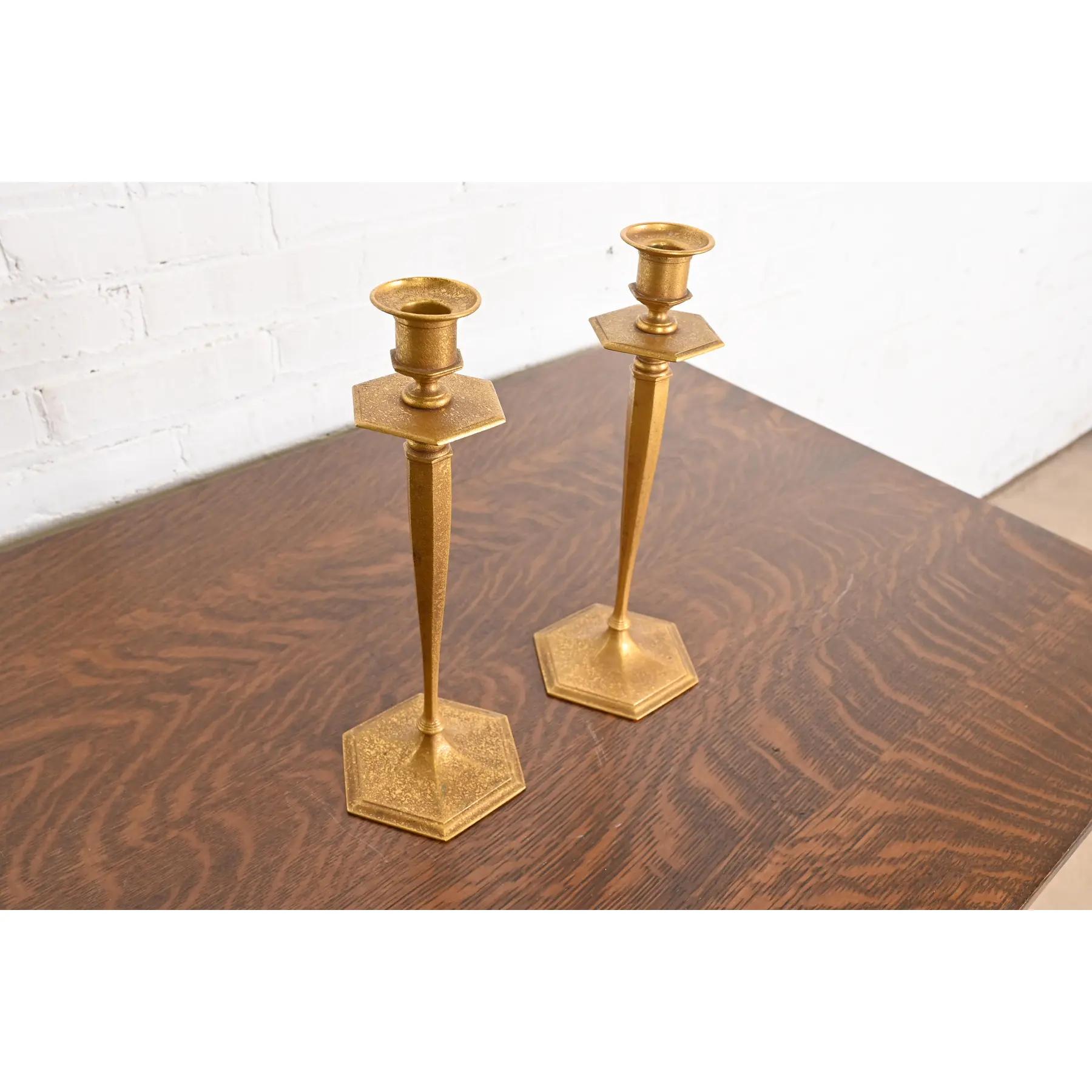 Tiffany Studios New York Bronze Doré Candlesticks, Pair In Good Condition For Sale In South Bend, IN