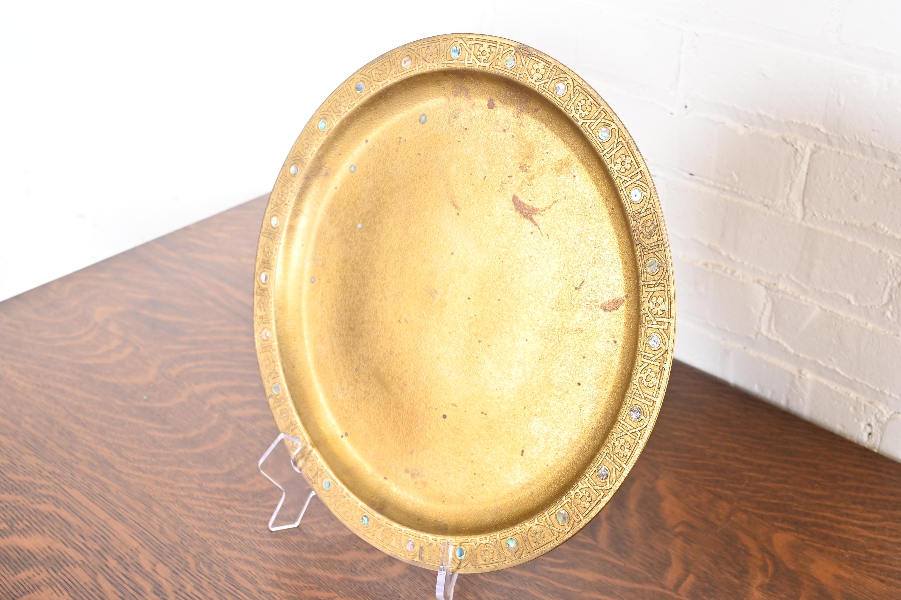 Arts and Crafts Tiffany Studios New York Bronze Doré Charger Plate or Tray With Abalone Inlay