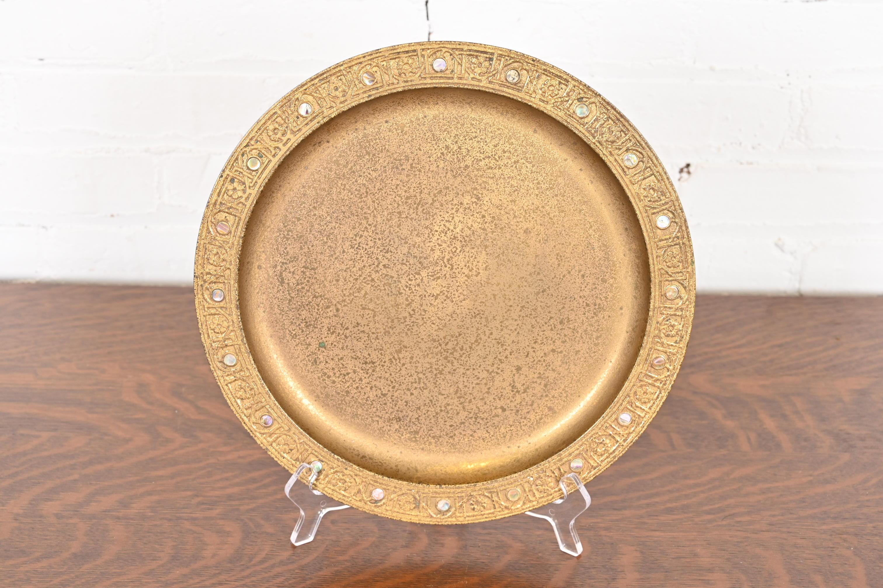 Arts and Crafts Tiffany Studios New York Bronze Doré Charger Plate or Tray With Abalone Inlay