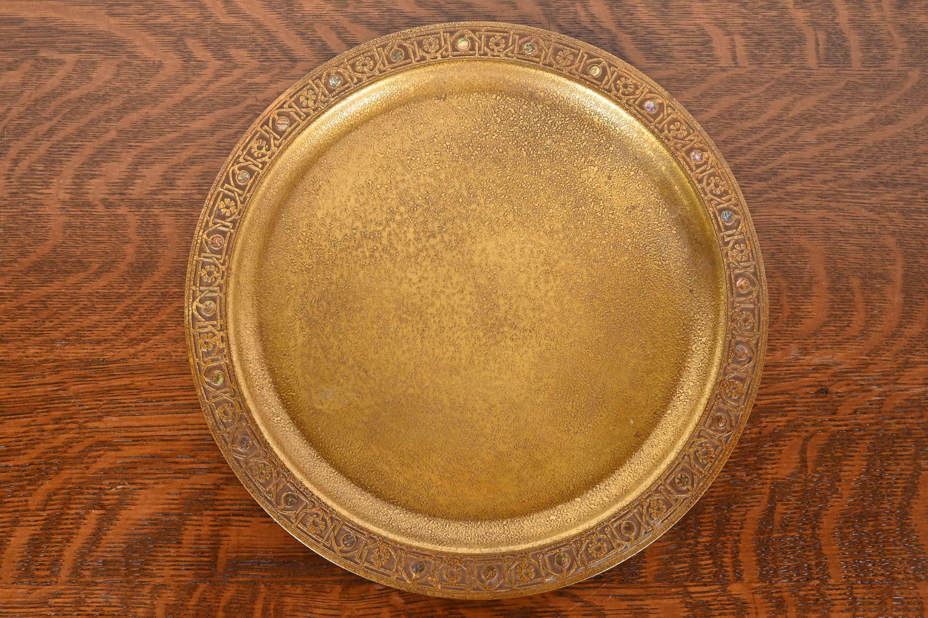 Arts and Crafts Tiffany Studios New York Bronze Doré Charger Plate or Tray With Abalone Inlay For Sale
