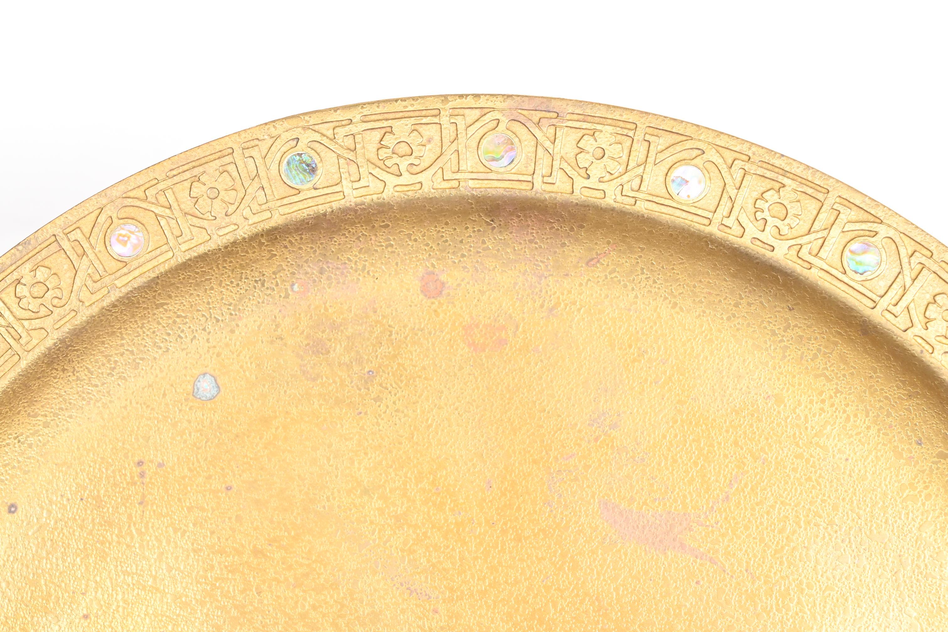 American Tiffany Studios New York Bronze Doré Charger Plate or Tray With Abalone Inlay