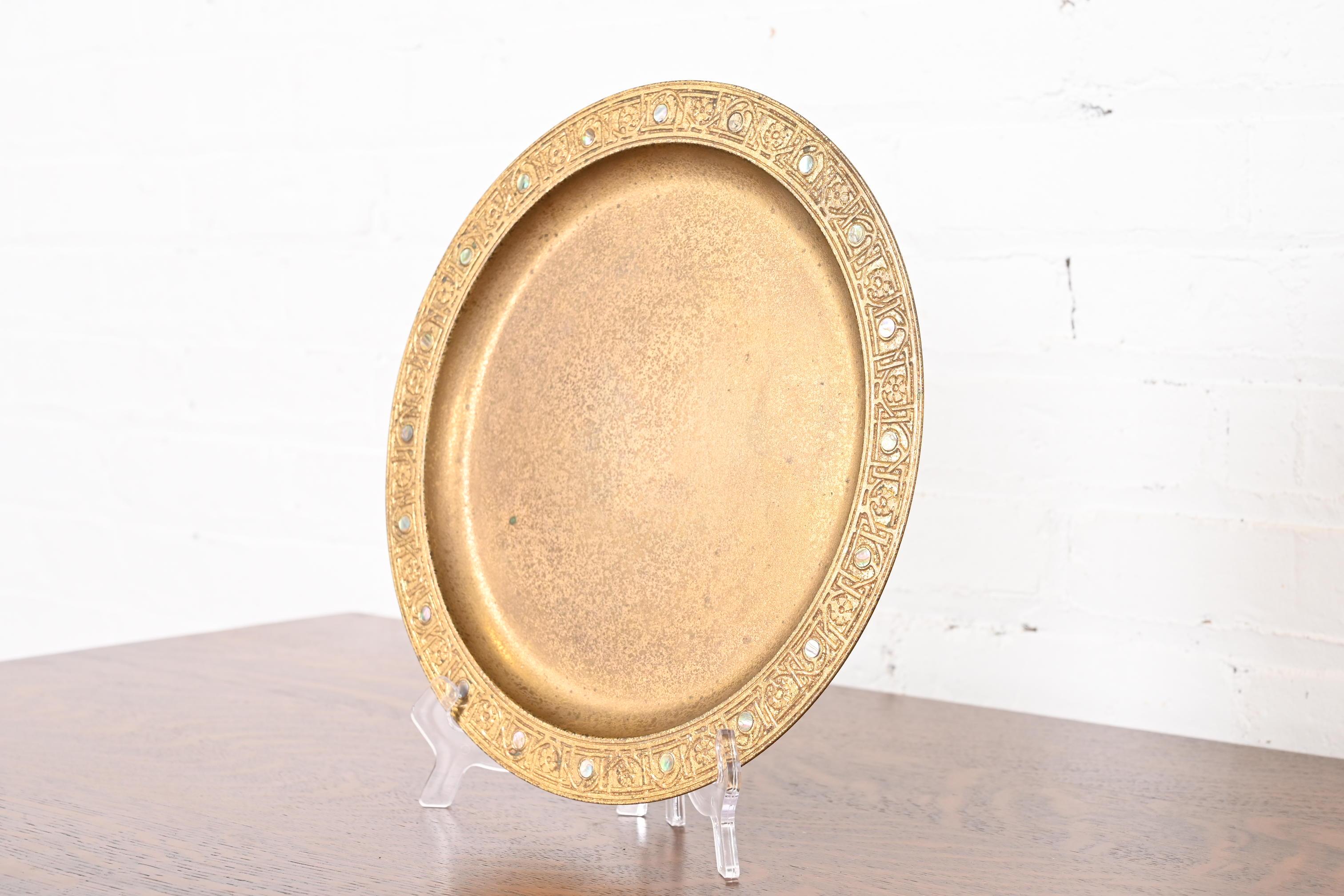 American Tiffany Studios New York Bronze Doré Charger Plate or Tray With Abalone Inlay
