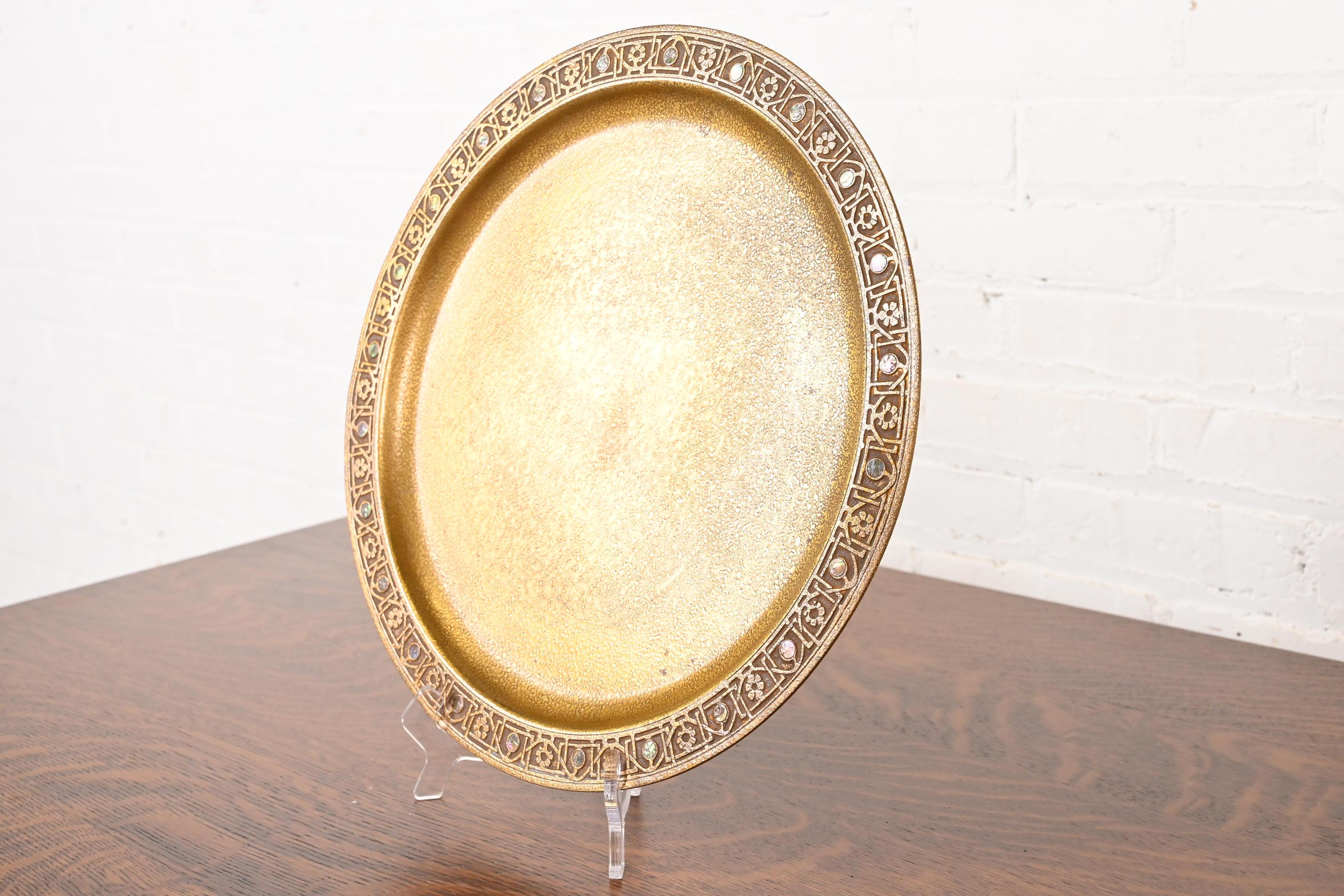 American Tiffany Studios New York Bronze Doré Charger Plate or Tray With Abalone Inlay For Sale