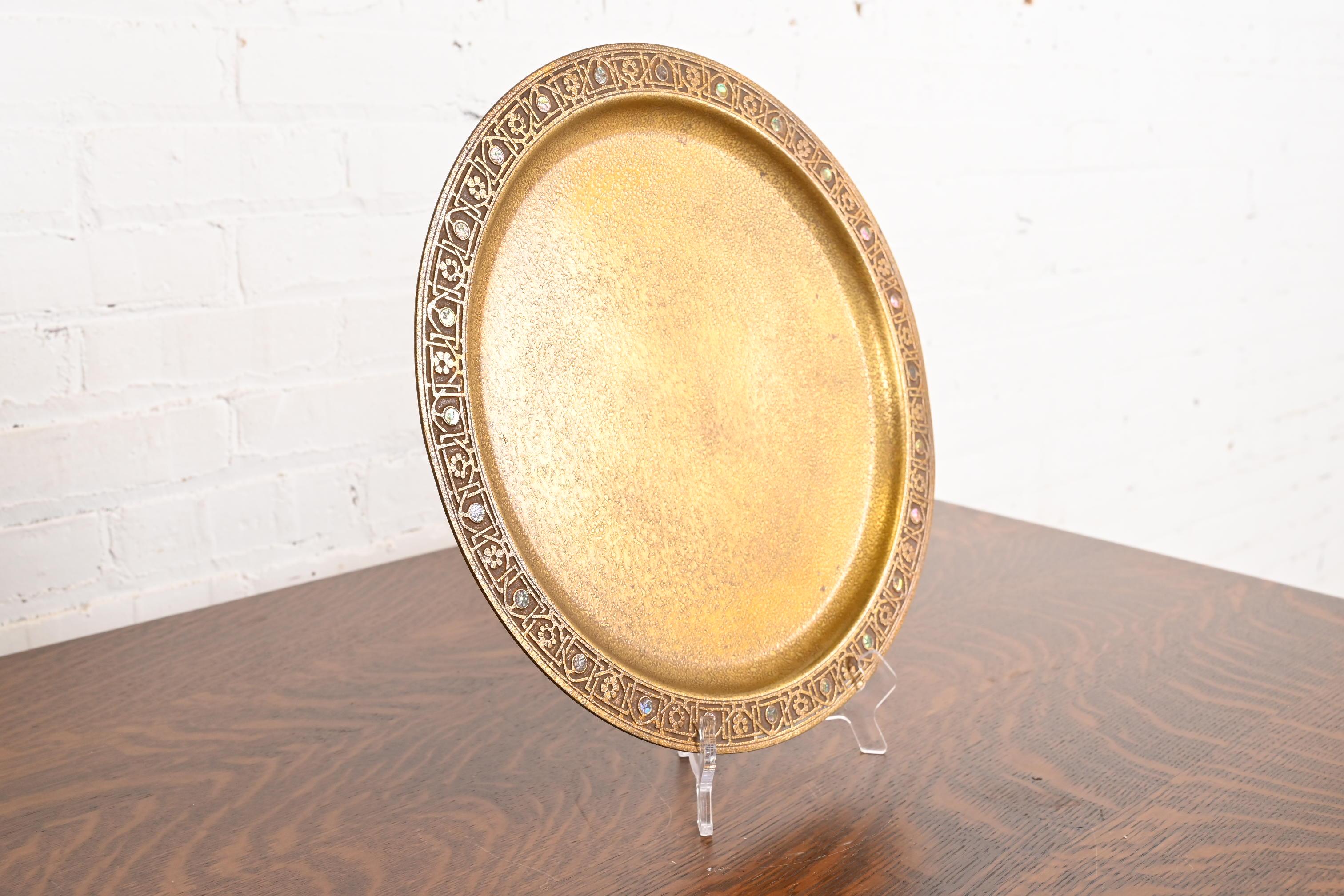 Tiffany Studios New York Bronze Doré Charger Plate or Tray With Abalone Inlay In Good Condition For Sale In South Bend, IN