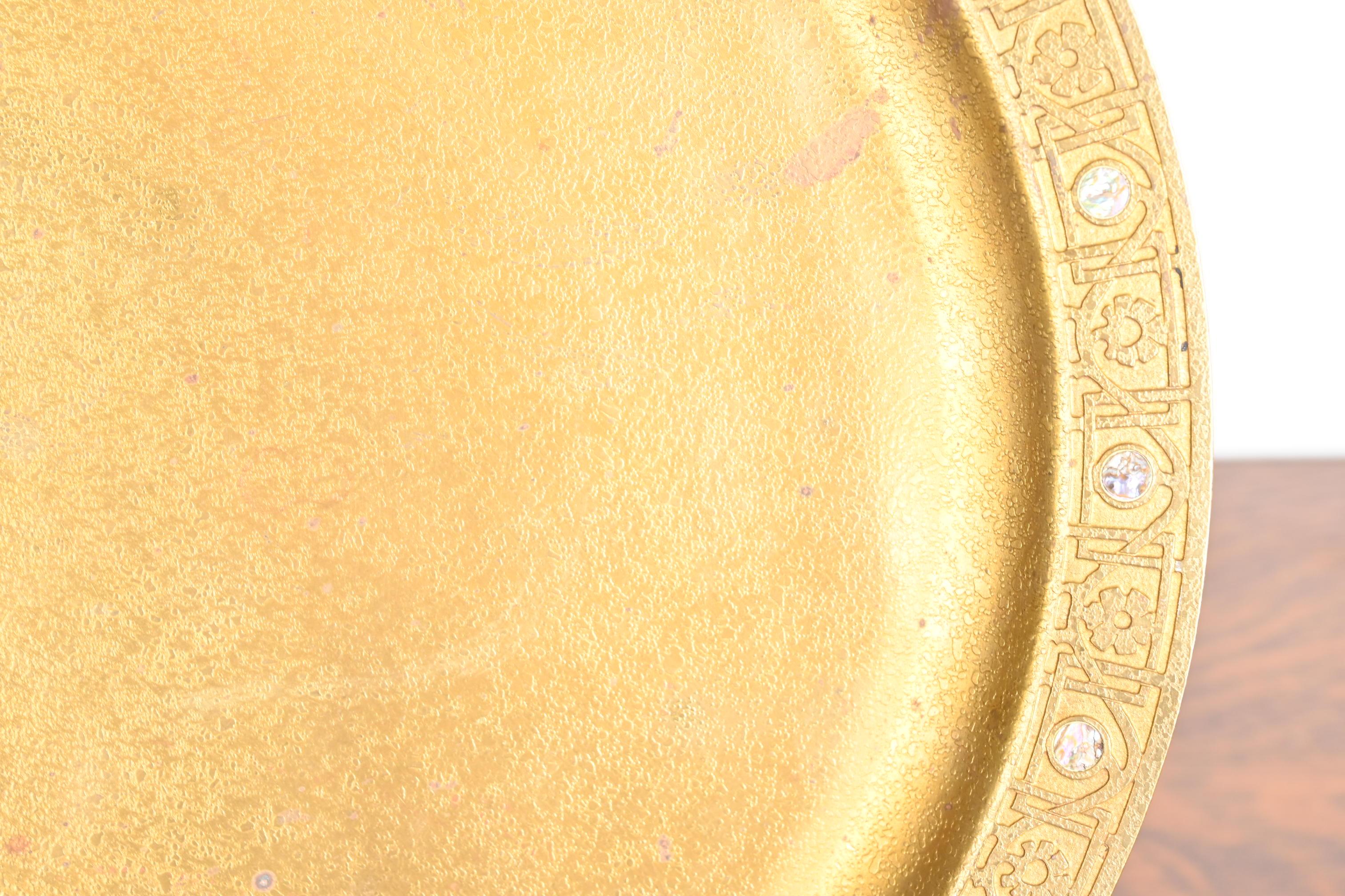 20th Century Tiffany Studios New York Bronze Doré Charger Plate or Tray With Abalone Inlay