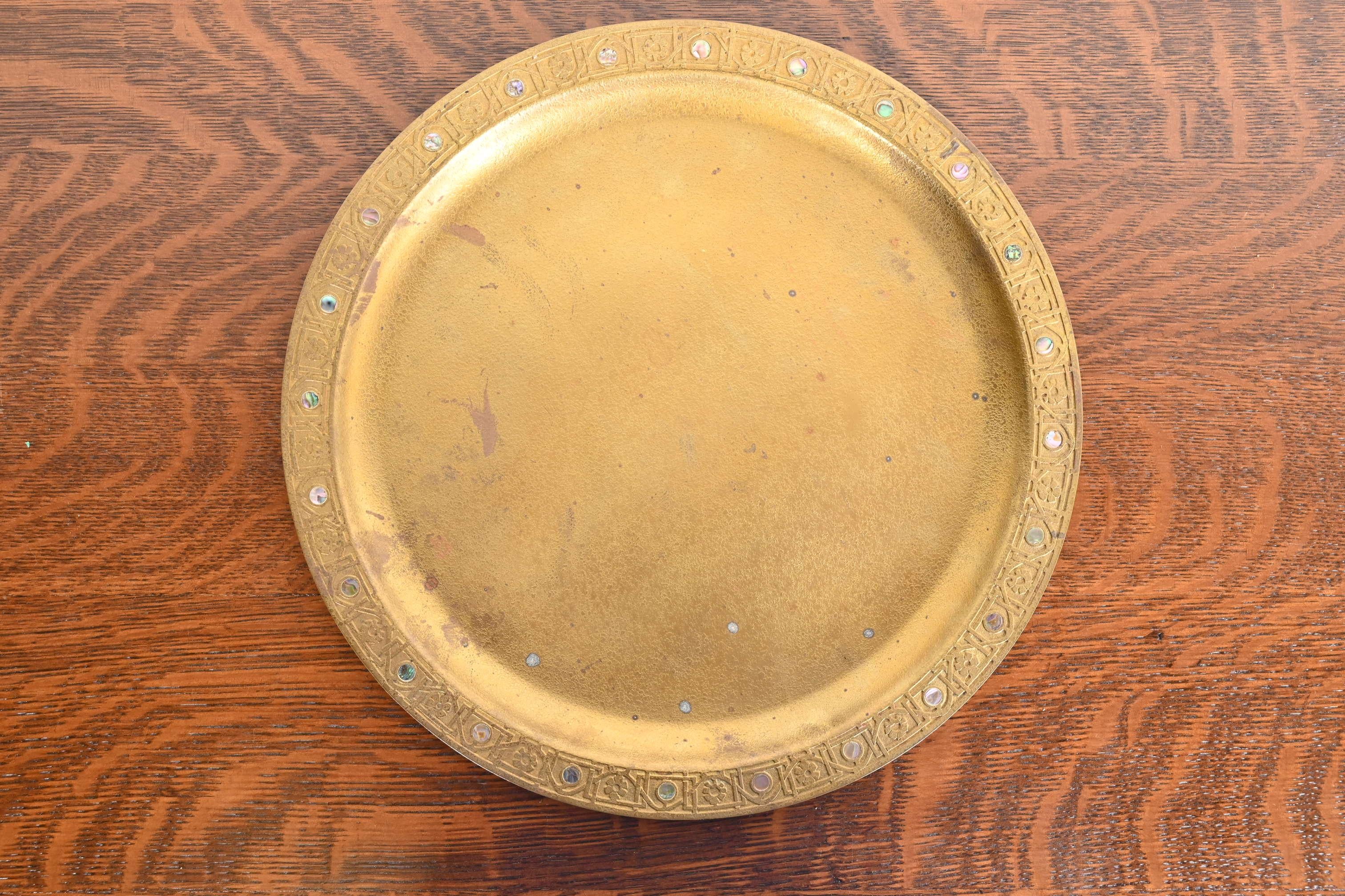 Tiffany Studios New York Bronze Doré Charger Plate or Tray With Abalone Inlay 1