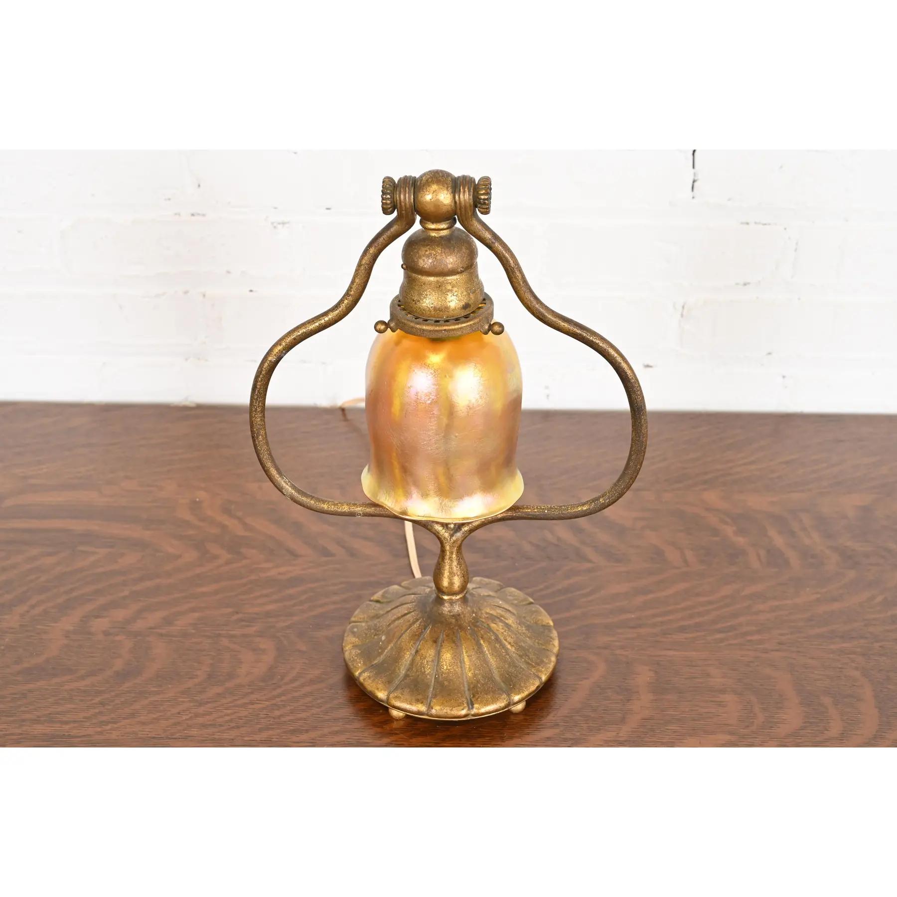 Arts and Crafts Tiffany Studios New York Bronze Doré Harp Favrile Iridescent Art Glass Desk Lamp For Sale