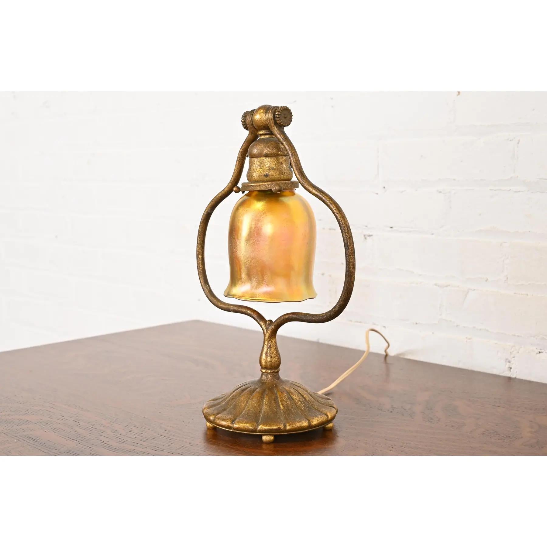 American Tiffany Studios New York Bronze Doré Harp Favrile Iridescent Art Glass Desk Lamp For Sale