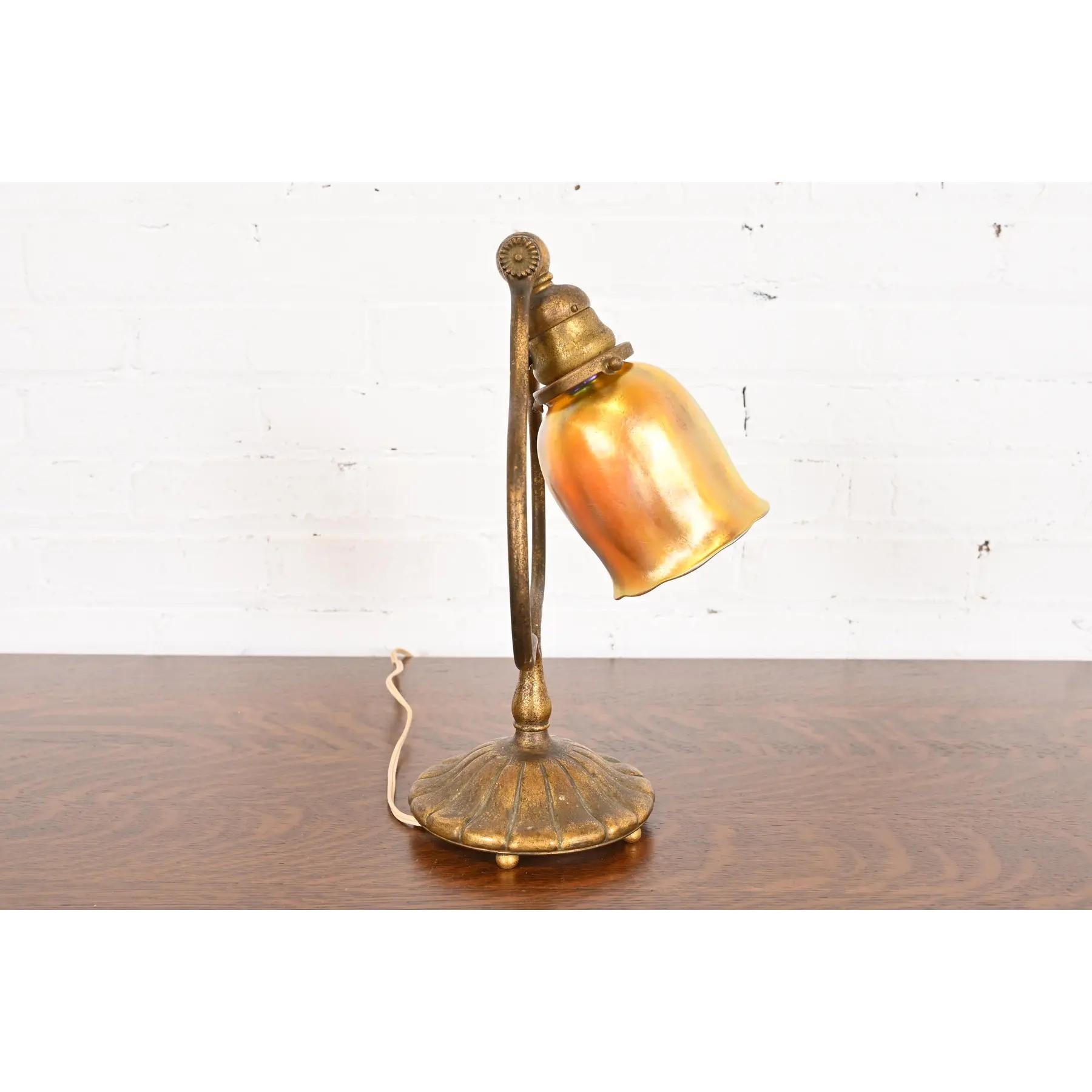20th Century Tiffany Studios New York Bronze Doré Harp Favrile Iridescent Art Glass Desk Lamp For Sale