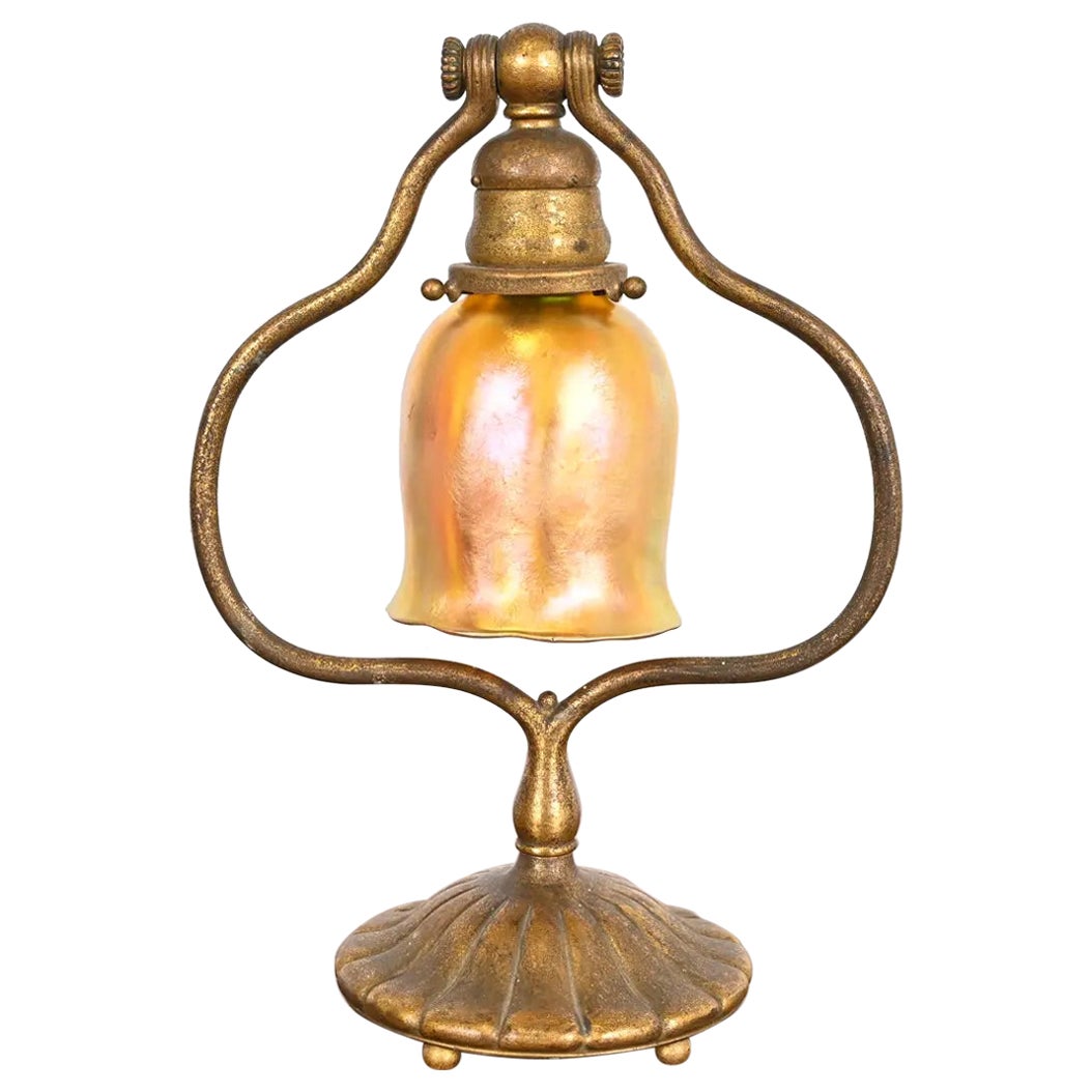 Tiffany Studios New York Bronze Doré Harp Favrile Iridescent Art Glass Desk Lamp