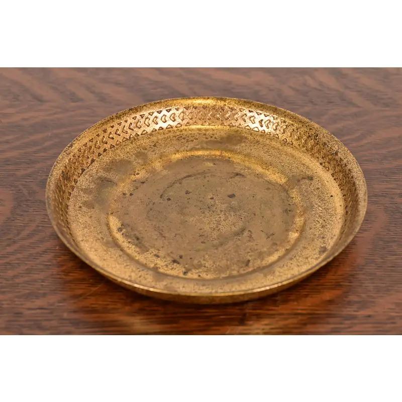 Art Deco Tiffany Studios New York Bronze Doré Shallow Bowl or Tray With Decorative Border For Sale