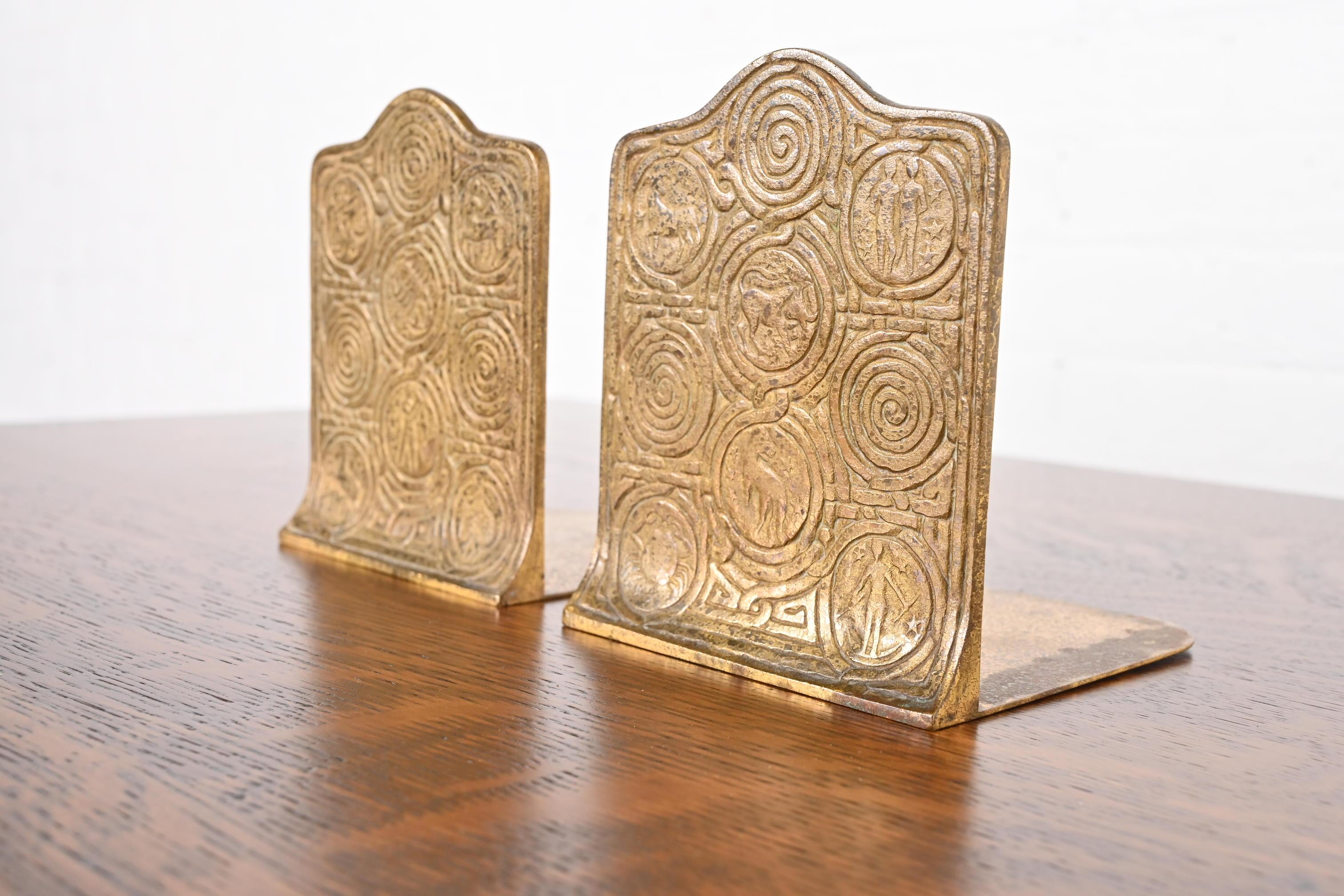 American Tiffany Studios New York Bronze Doré Zodiac Bookends, Circa 1910 For Sale