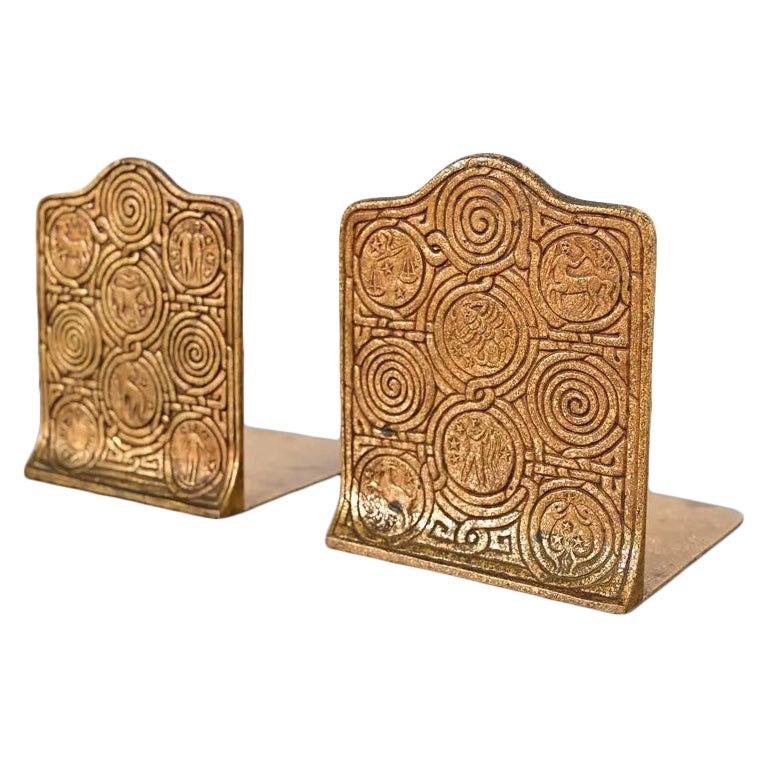 Tiffany Studios New York Bronze Doré Zodiac Bookends, Circa 1910