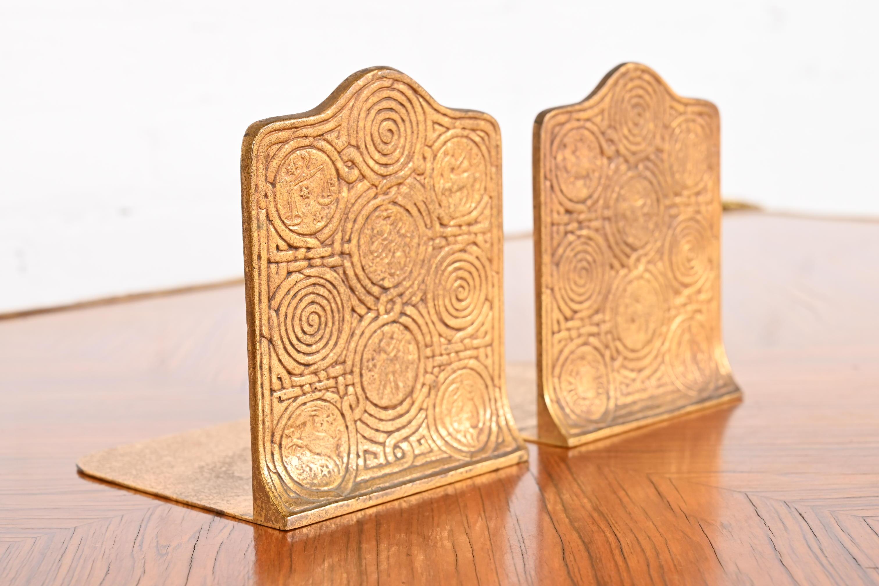 Tiffany Studios New York Bronze Doré Zodiac Bookends In Good Condition In South Bend, IN