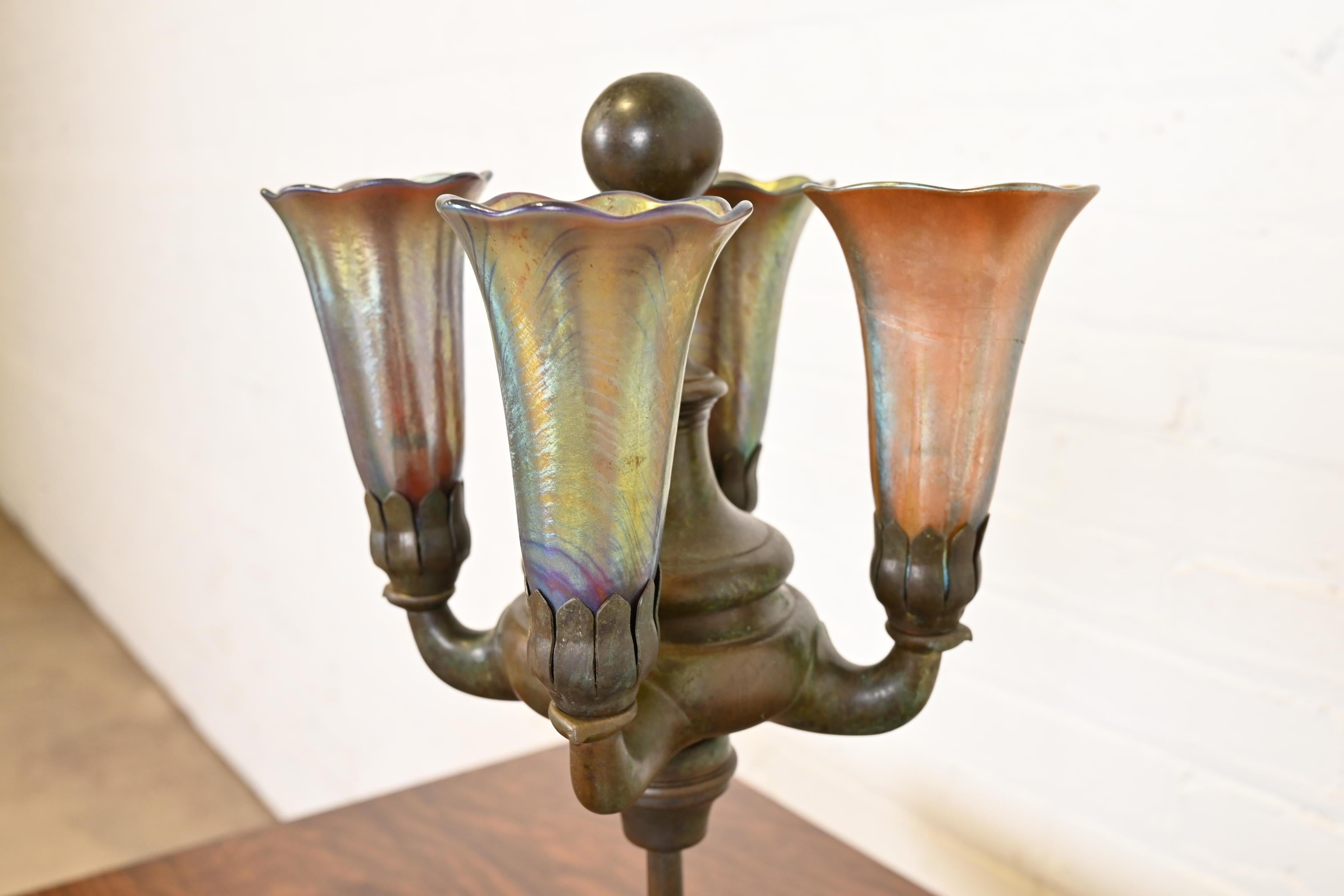 Tiffany Studios New York Bronze Four-Light Table Lamp With Favrile Glass Shades 5