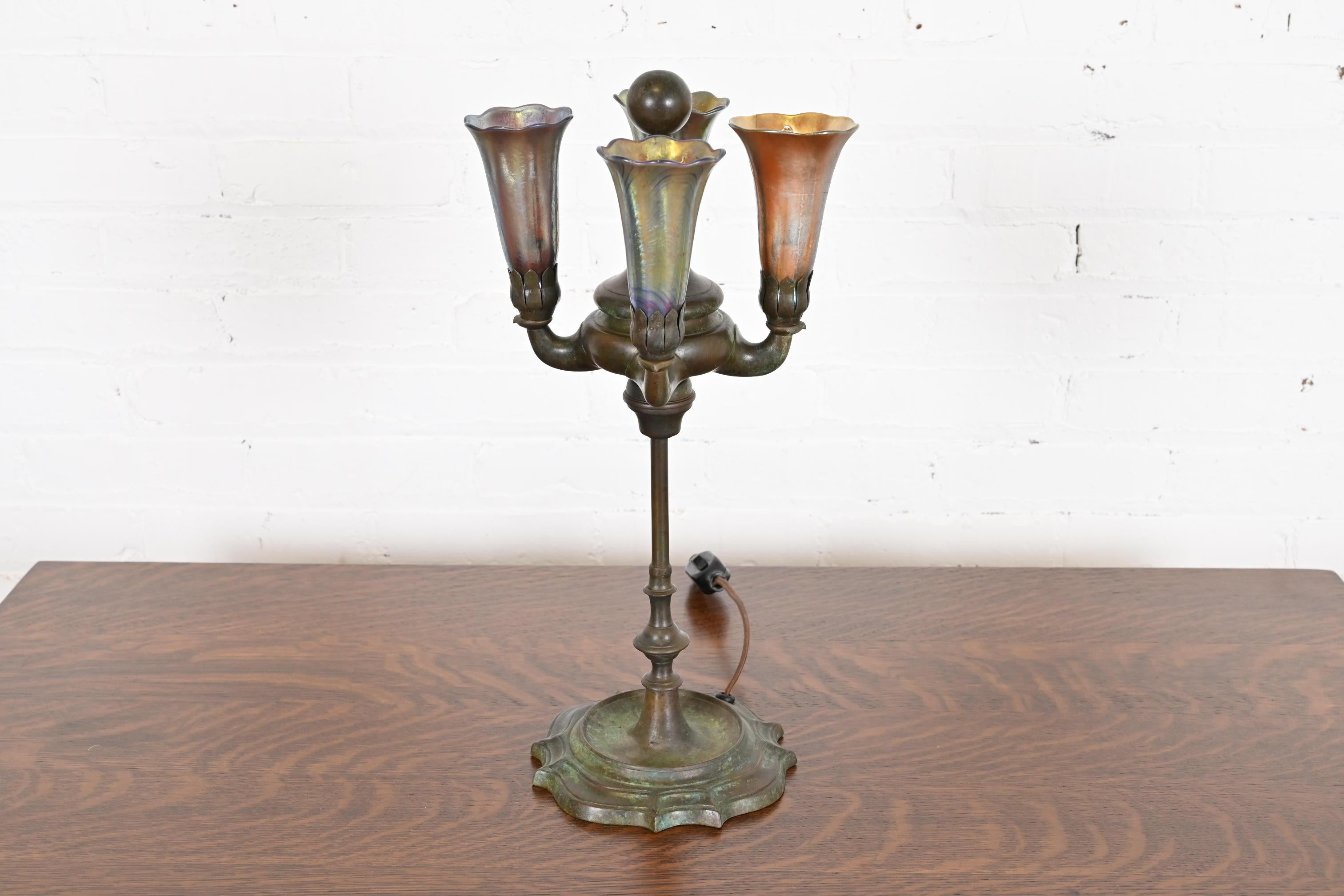 Tiffany Studios New York Bronze Four-Light Table Lamp With Favrile Glass Shades 6