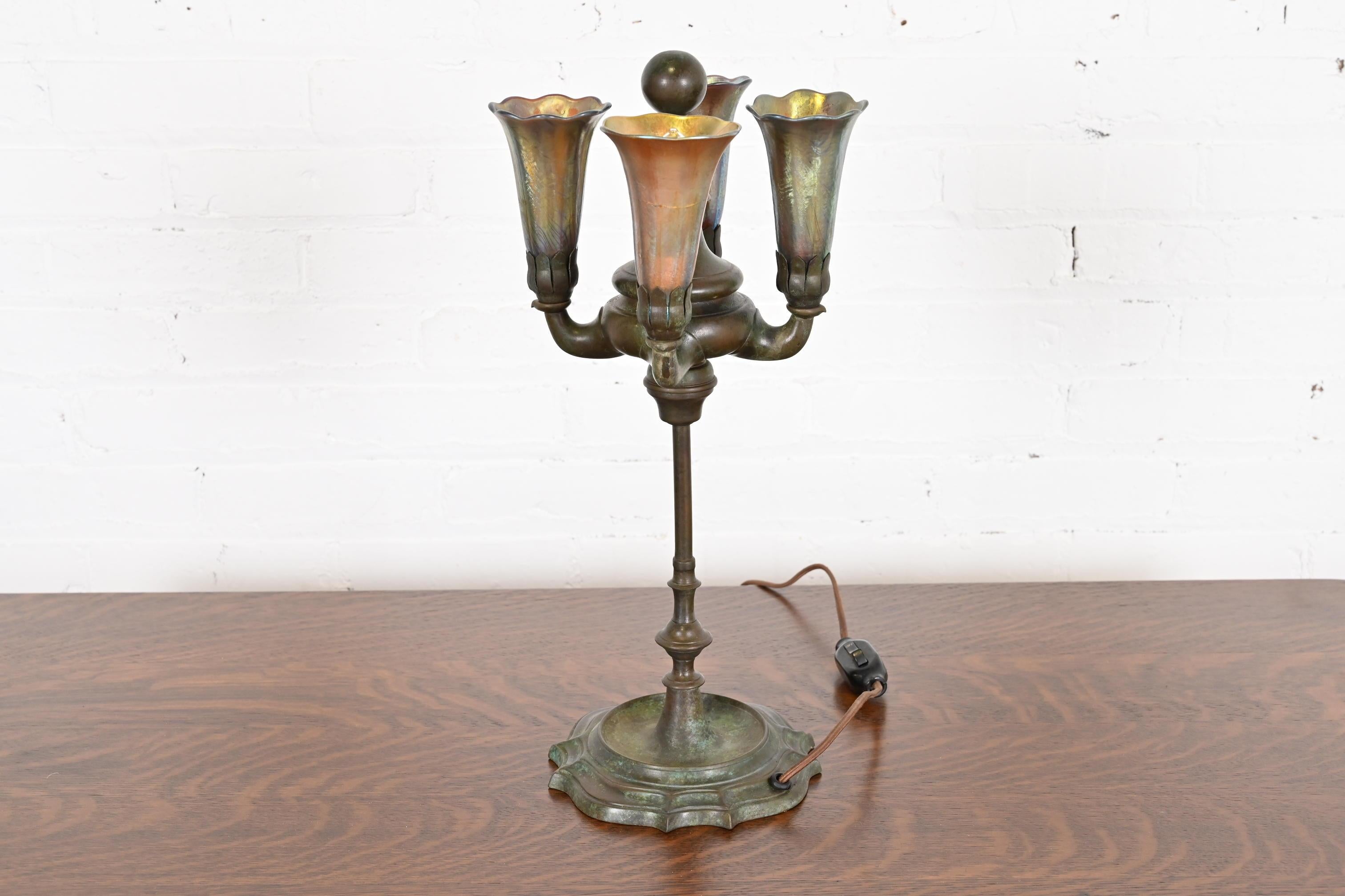 Tiffany Studios New York Bronze Four-Light Table Lamp With Favrile Glass Shades 8