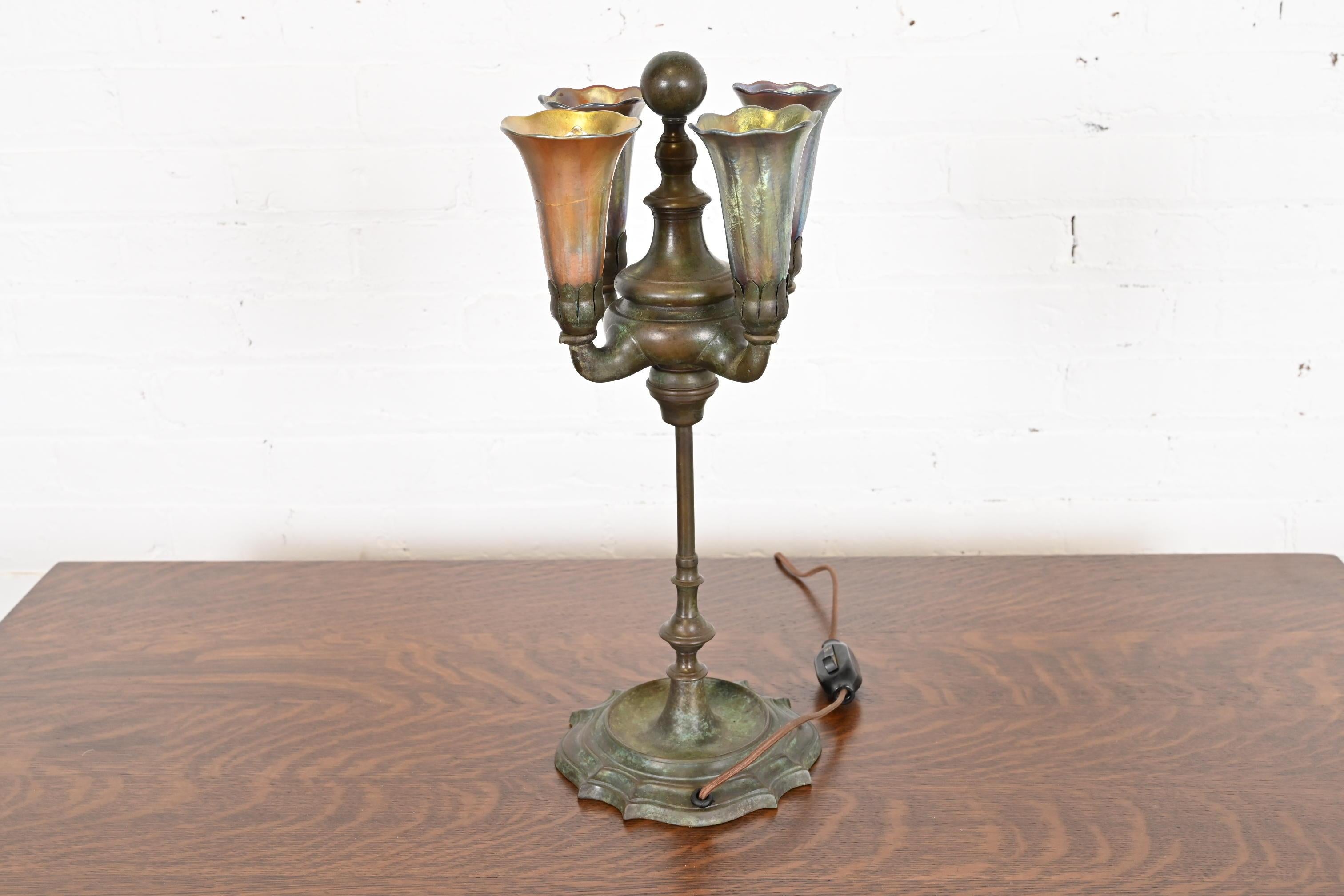 Tiffany Studios New York Bronze Four-Light Table Lamp With Favrile Glass Shades 9