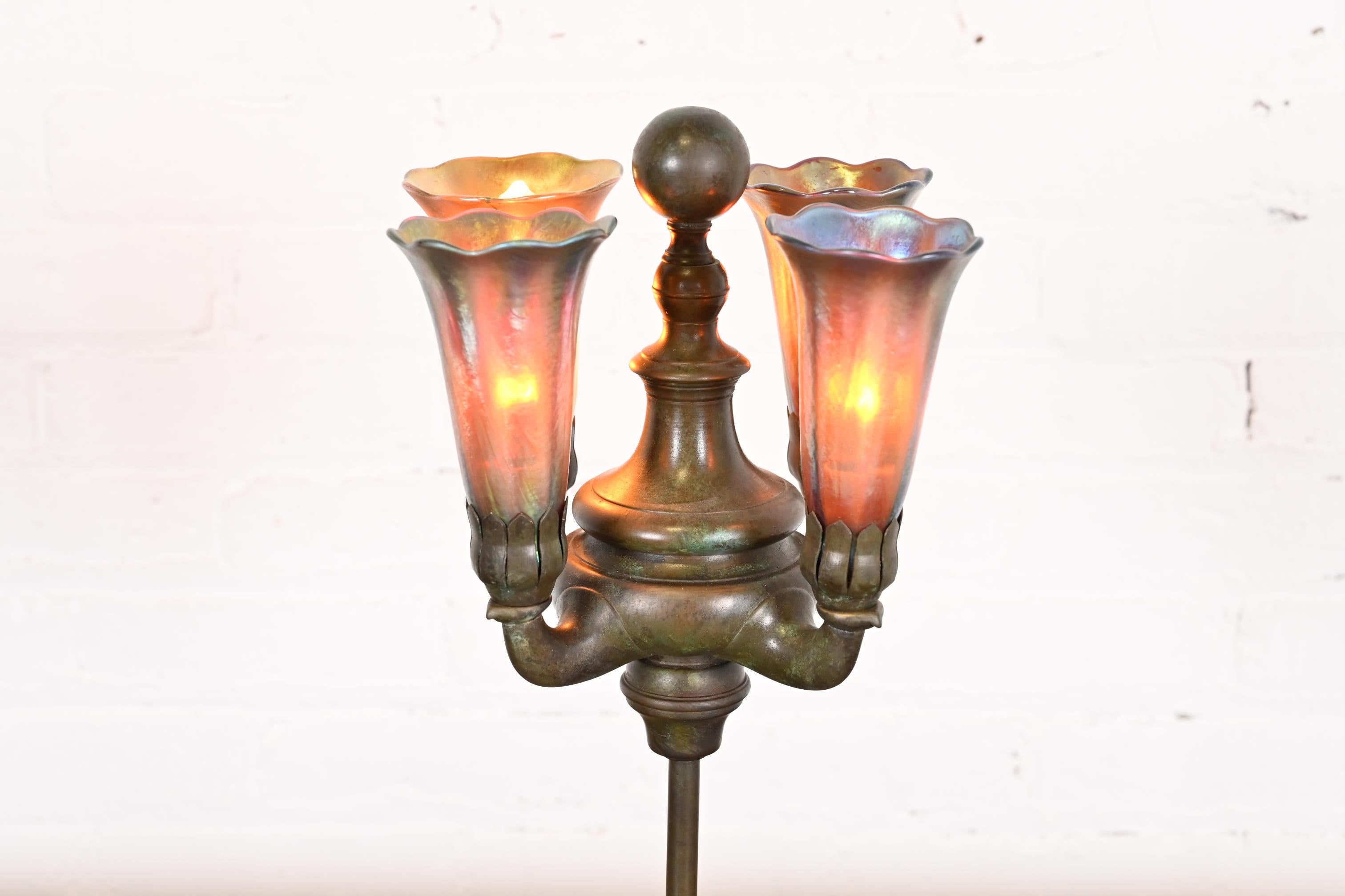Tiffany Studios New York Bronze Four-Light Table Lamp With Favrile Glass Shades 11