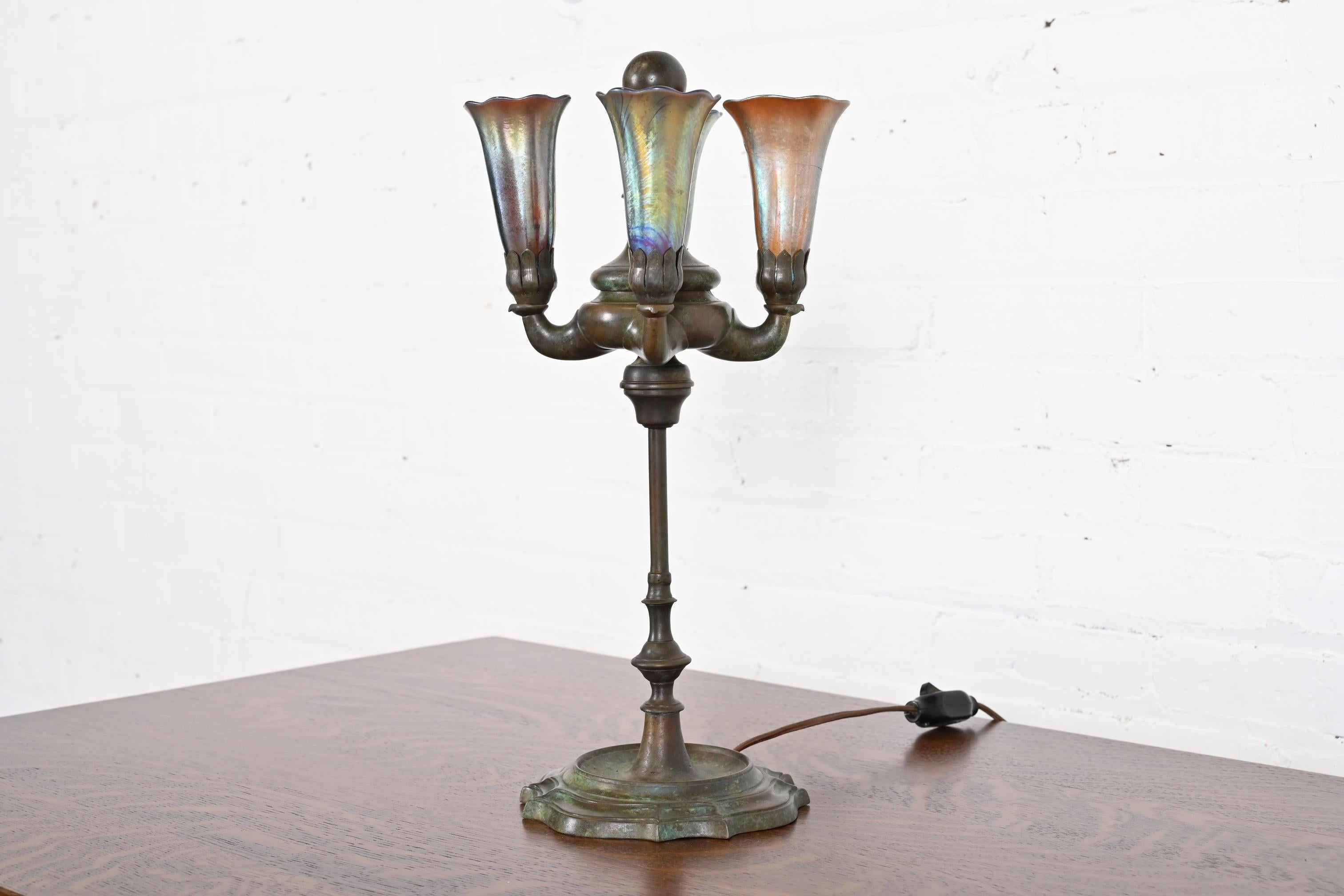 Tiffany Studios New York Bronze Four-Light Table Lamp With Favrile Glass Shades 1