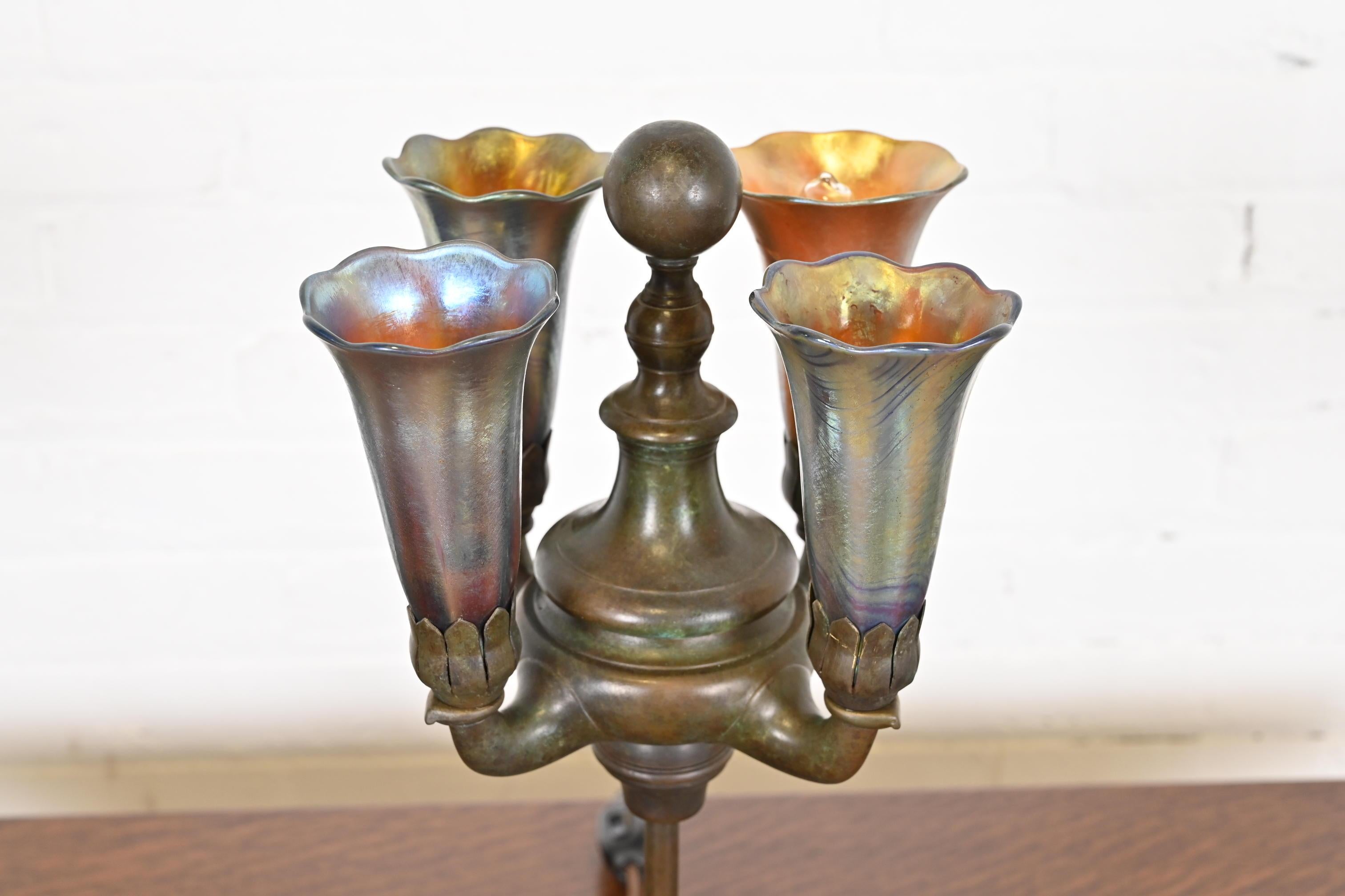 Tiffany Studios New York Bronze Four-Light Table Lamp With Favrile Glass Shades 2