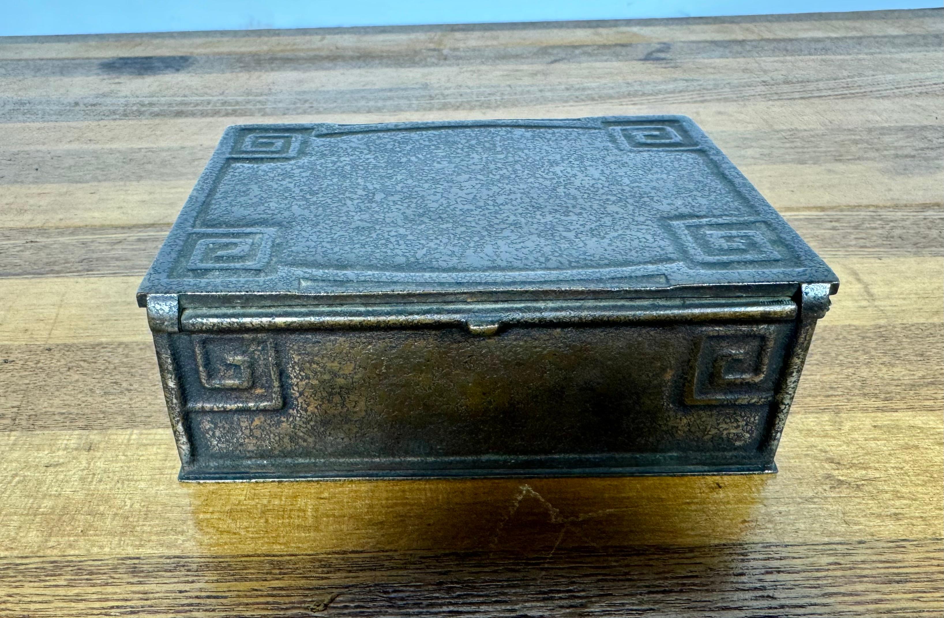 Tiffany Studios New York Bronze Greek key Trinket  / cigar box ,,, cedar lined,, Wonderful little decorative item,, Amazing finish , patina, Signed but very difficult to read,, 