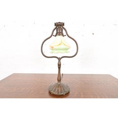 Tiffany Studios New York Bronze Harp Desk Lamp With Favrile Glass Shade
