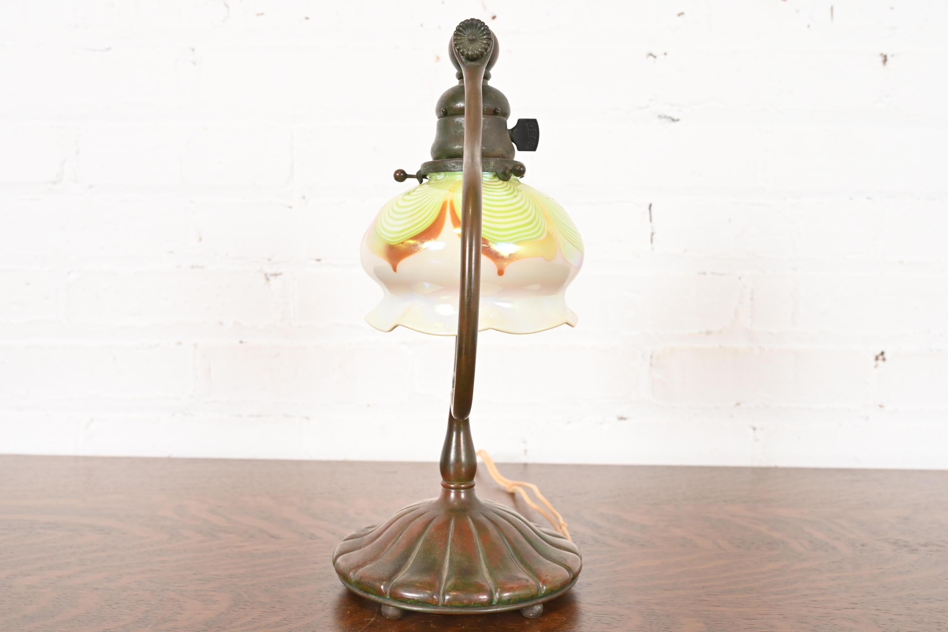 Tiffany Studios New York Bronze Harp Desk Lamp With Pulled Feather Favrile Glass For Sale 5