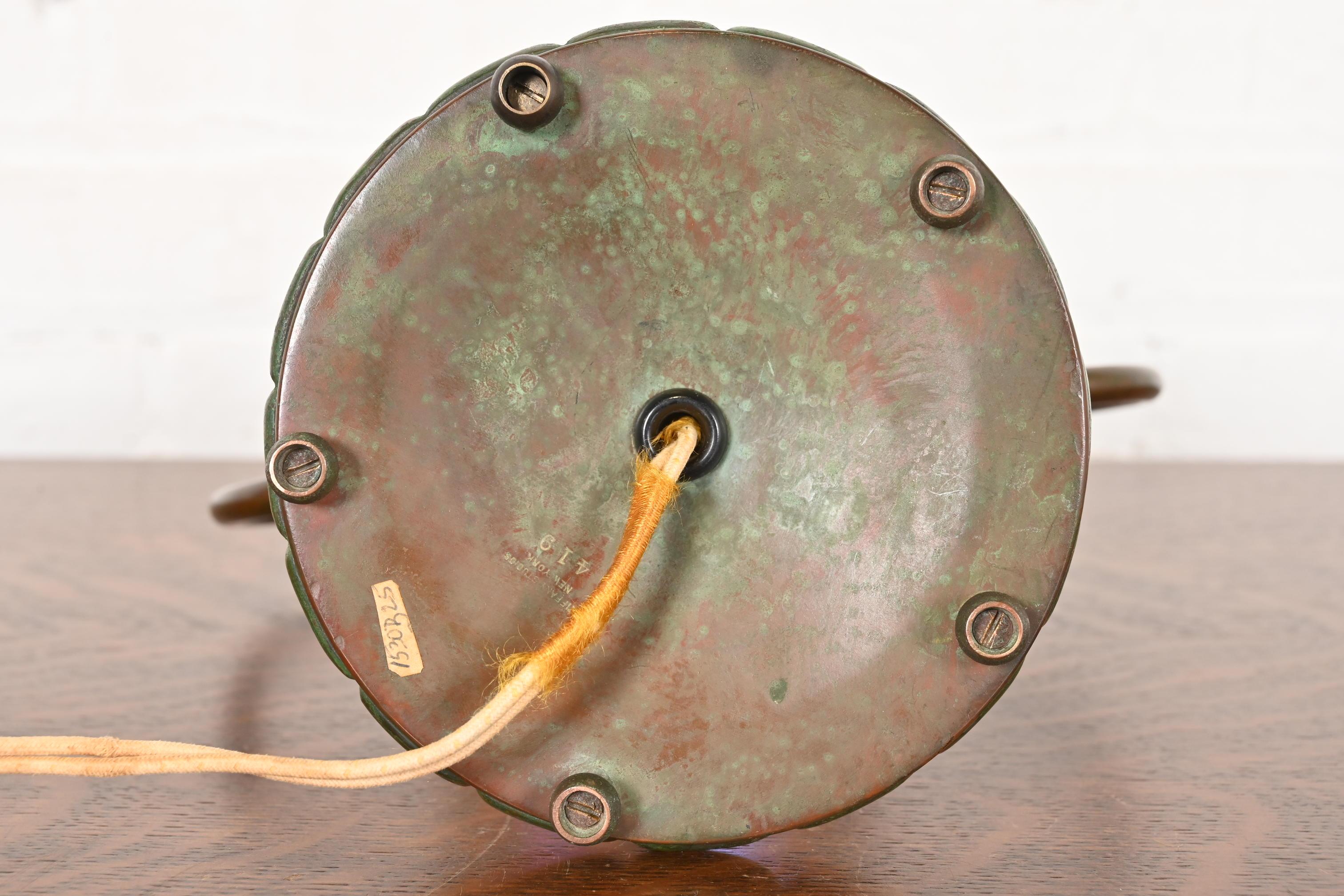 Tiffany Studios New York Bronze Harp Desk Lamp With Pulled Feather Favrile Glass For Sale 6