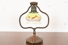 Tiffany Studios New York Bronze Harp Desk Lamp With Pulled Feather Favrile Glass