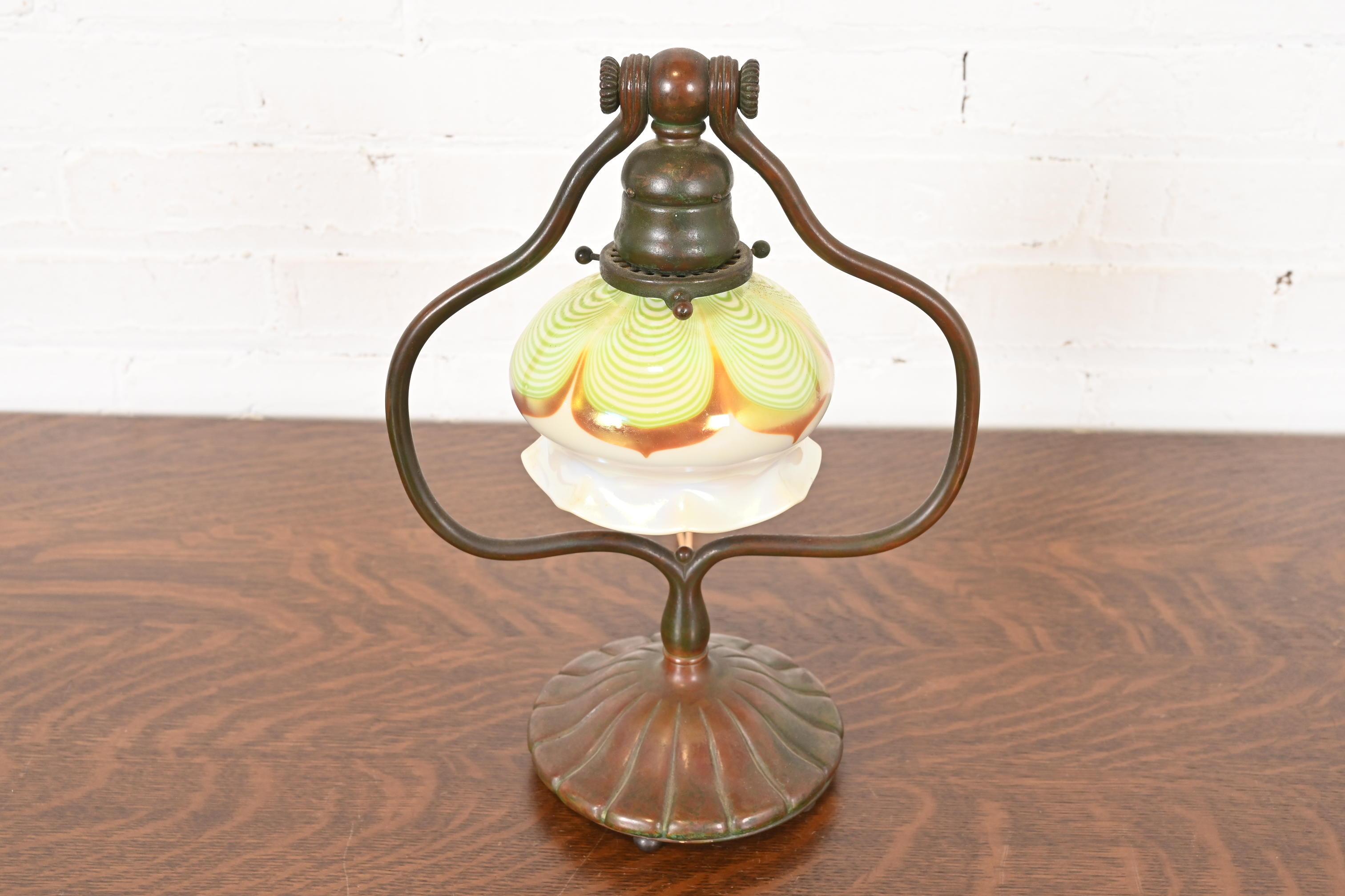 Arts and Crafts Tiffany Studios New York Bronze Harp Desk Lamp With Pulled Feather Favrile Glass For Sale