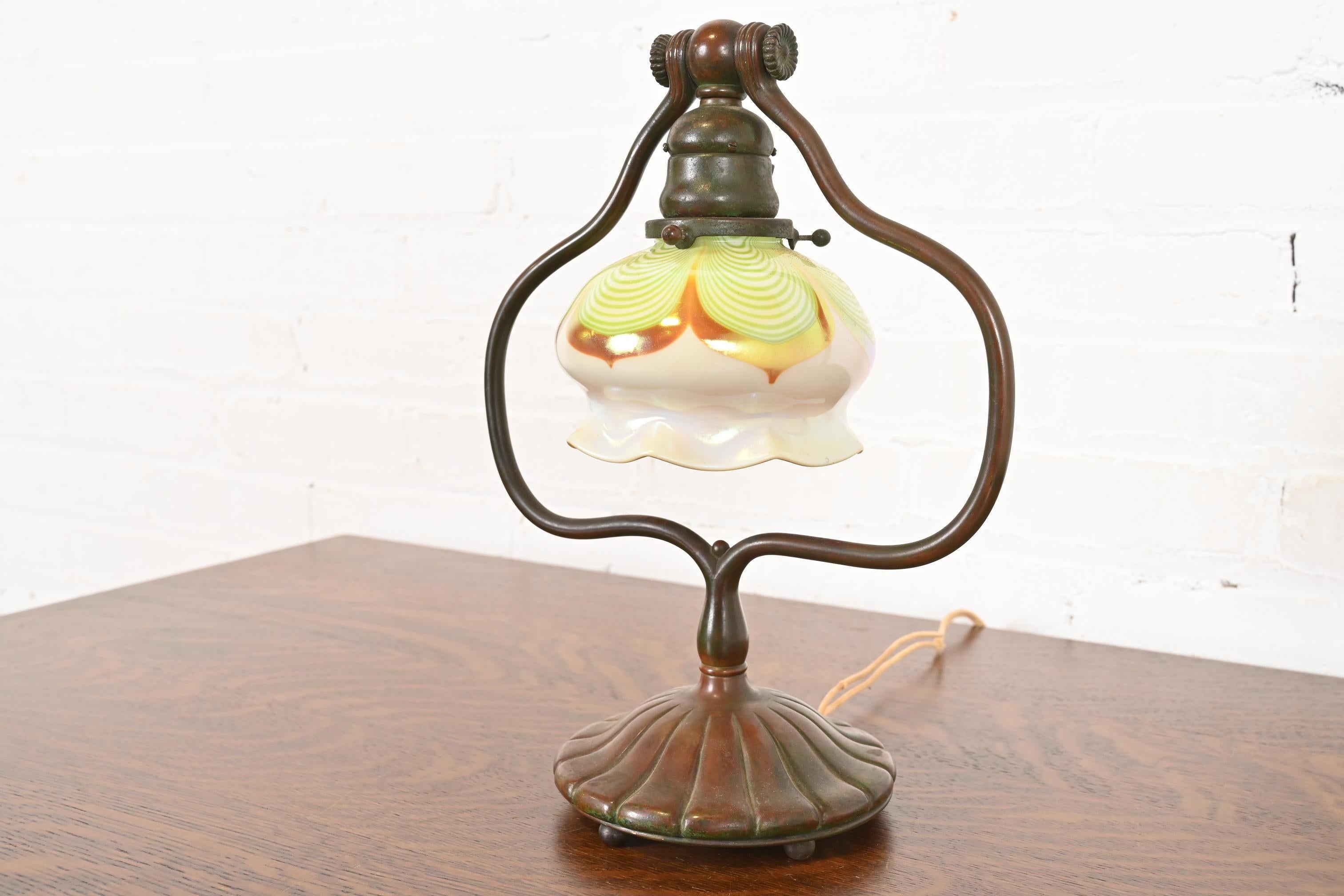 American Tiffany Studios New York Bronze Harp Desk Lamp With Pulled Feather Favrile Glass For Sale