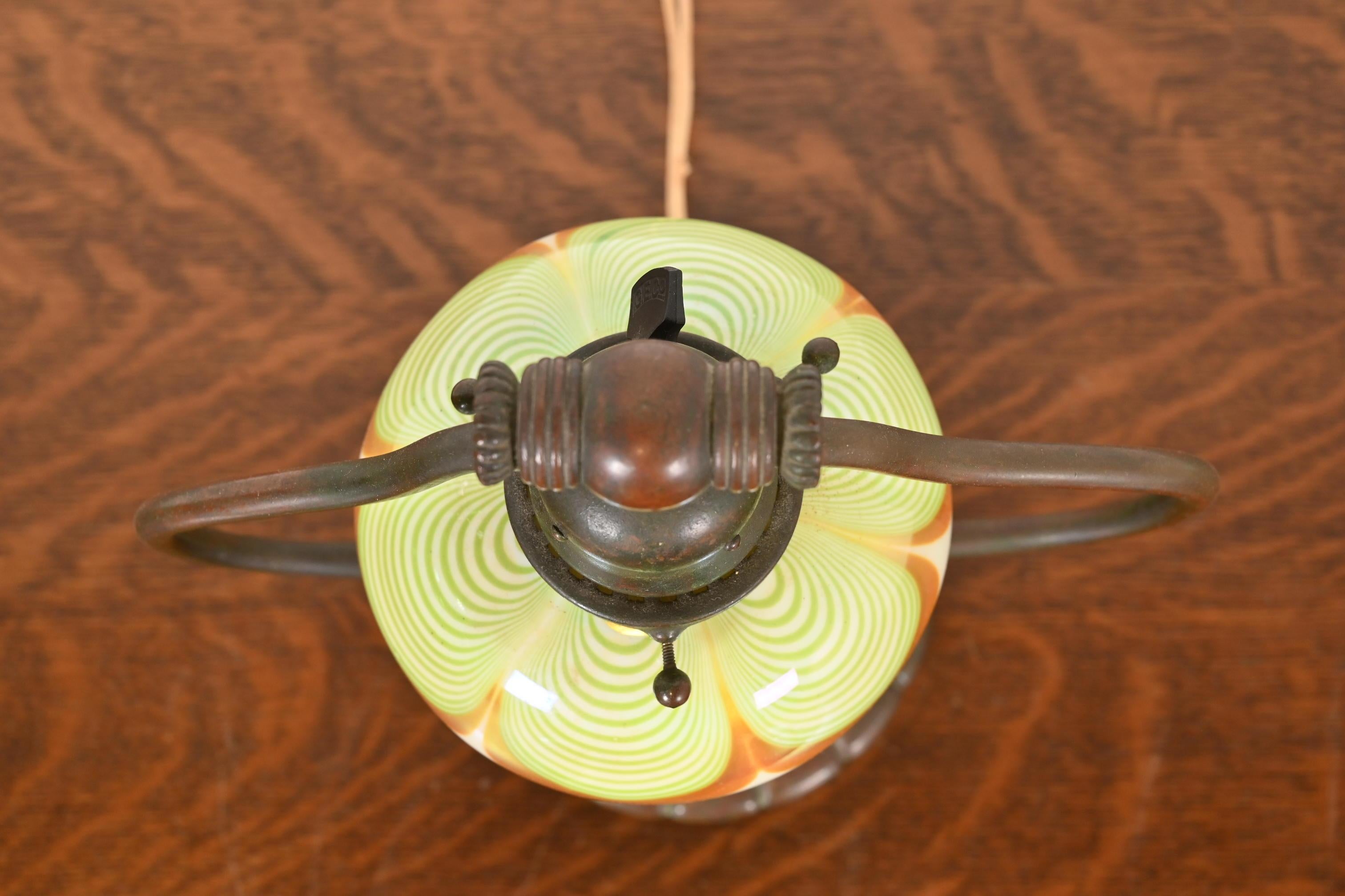 20th Century Tiffany Studios New York Bronze Harp Desk Lamp With Pulled Feather Favrile Glass For Sale