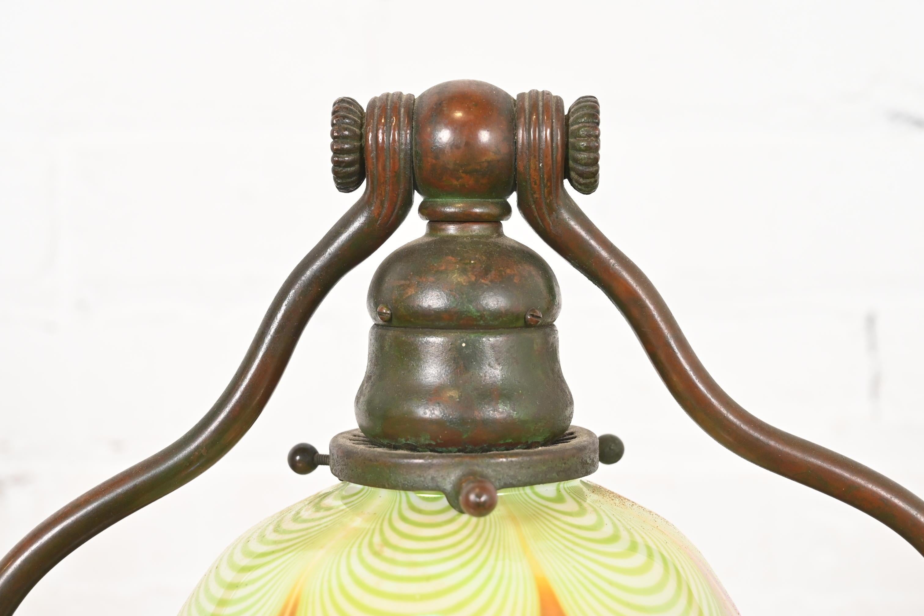 Tiffany Studios New York Bronze Harp Desk Lamp With Pulled Feather Favrile Glass For Sale 1