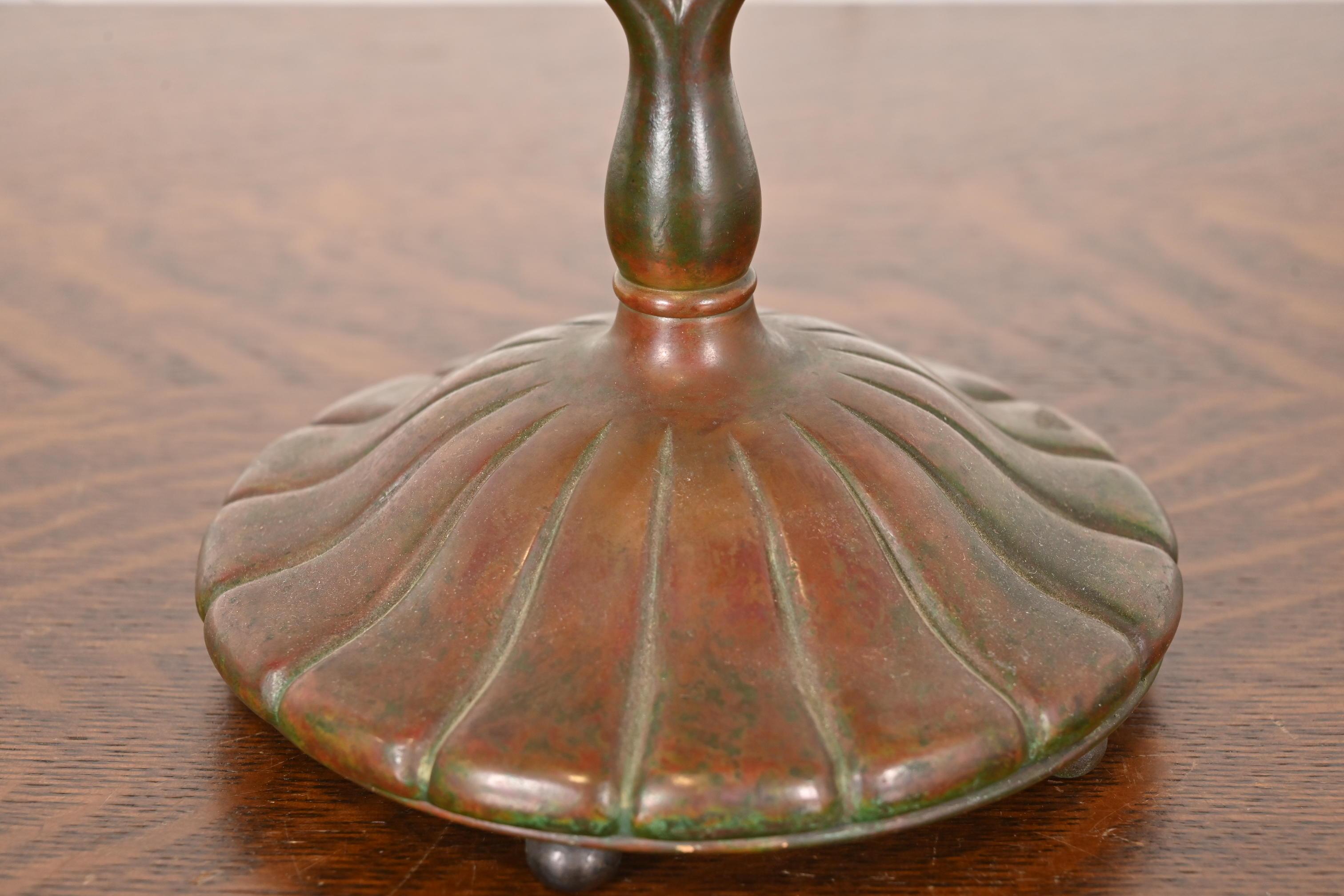 Tiffany Studios New York Bronze Harp Desk Lamp With Pulled Feather Favrile Glass For Sale 3