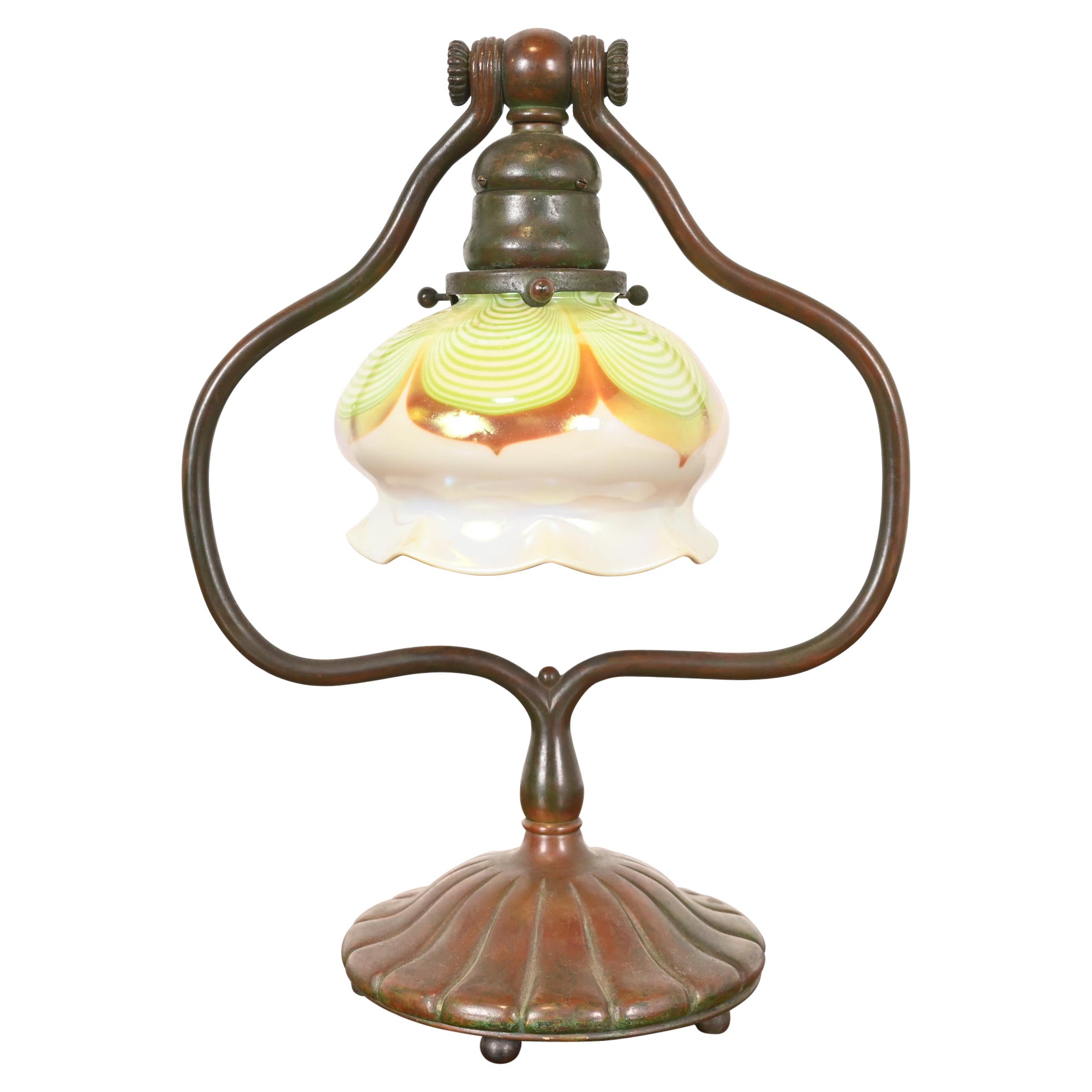 Tiffany Studios New York Bronze Harp Desk Lamp With Pulled Feather Favrile Glass For Sale