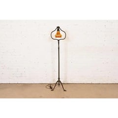 Tiffany Studios New York Bronze Harp Floor Lamp With Favrile Glass Shade